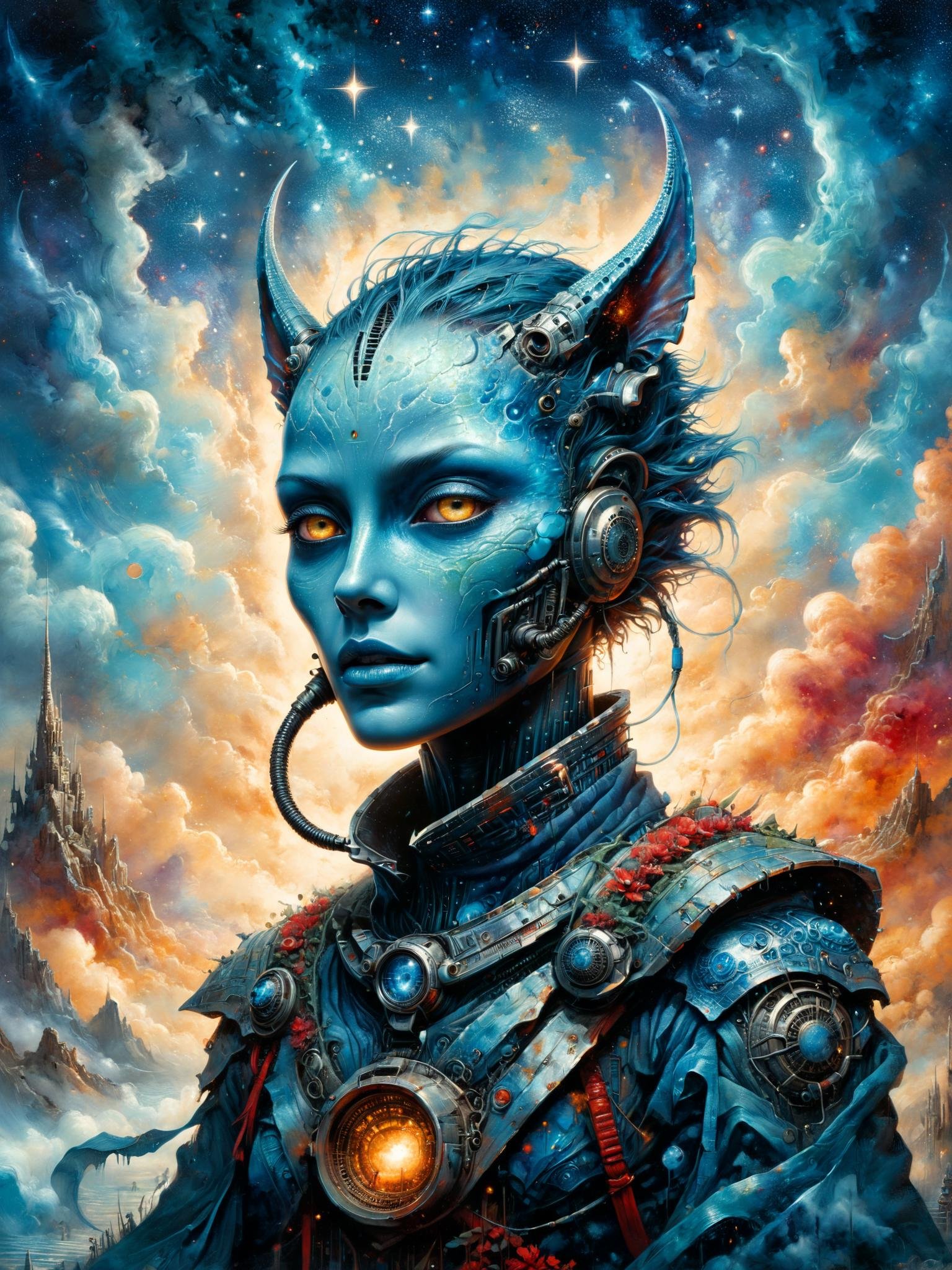 Art by Andy Kehoe, luis royo, Esao Andrews, Umberto Boccioni Portrait of an alien woman with blue luminescent skin and sharp tips of ears, Blue wavy hair, fanged smilesitting, three-quarter view, classic style of oil painting in warm tones, intricate sapphire-decorated collar, muted background depicting a hazy, distant alien landscape, Ultra-high detail, detailed Random alien landscape, starry sky Space, futurism, unusual cities, the brilliance of stars, digital painting, high detail, intricate pose, clarity, high quality soft diffused lighting, high level of detail of facial features, rich textures of clothing, chiaroscuro effect, ultra-fine work with a brush, digital painting A man sitting alone in a ruined city. Akira (1988 film), victo ngai cyberpunk style, villain wearing a red oni mask, videogame poster, wearing a botanical gas mask, holy cyborg necromancer girl, inspired by Mœbius, verdigris, ign, the artist has used bright, sergio toppi, story art. Bold colors, Stylized portraits, Famous faces, Pop art still life, Pop art landscapes. delicate face, facial details, confident soft impressionist perfect composition, Sharp, perfect eyes. JaMuary 21 = Drawing + Romanticism + Abstract Art. Drawing by Michael Ayrton, fusion of [Romanticism | Abstract Art by Alberto Seveso] digitally enhanced cinematic pencil sketch manifesting intense emotion. An image must have a mysterious look and incredible masterpiece quality - It must be in high resolution (8k) with super detail and lots of attention to small details - The image must present macro details and include volumetric light - The image must be Absolutely perfect, with super-detailed texture and realistic reflections on surfaces - Cinematic effects must be applied to the image for added effect - Proportions of objects must match the aspect ratio of the screen, while the object must be located in the center - Image must take up the entire screen and be in UHD (ultra high resolution format definition).<lora:Y.A128-v2-1-1:0.9>