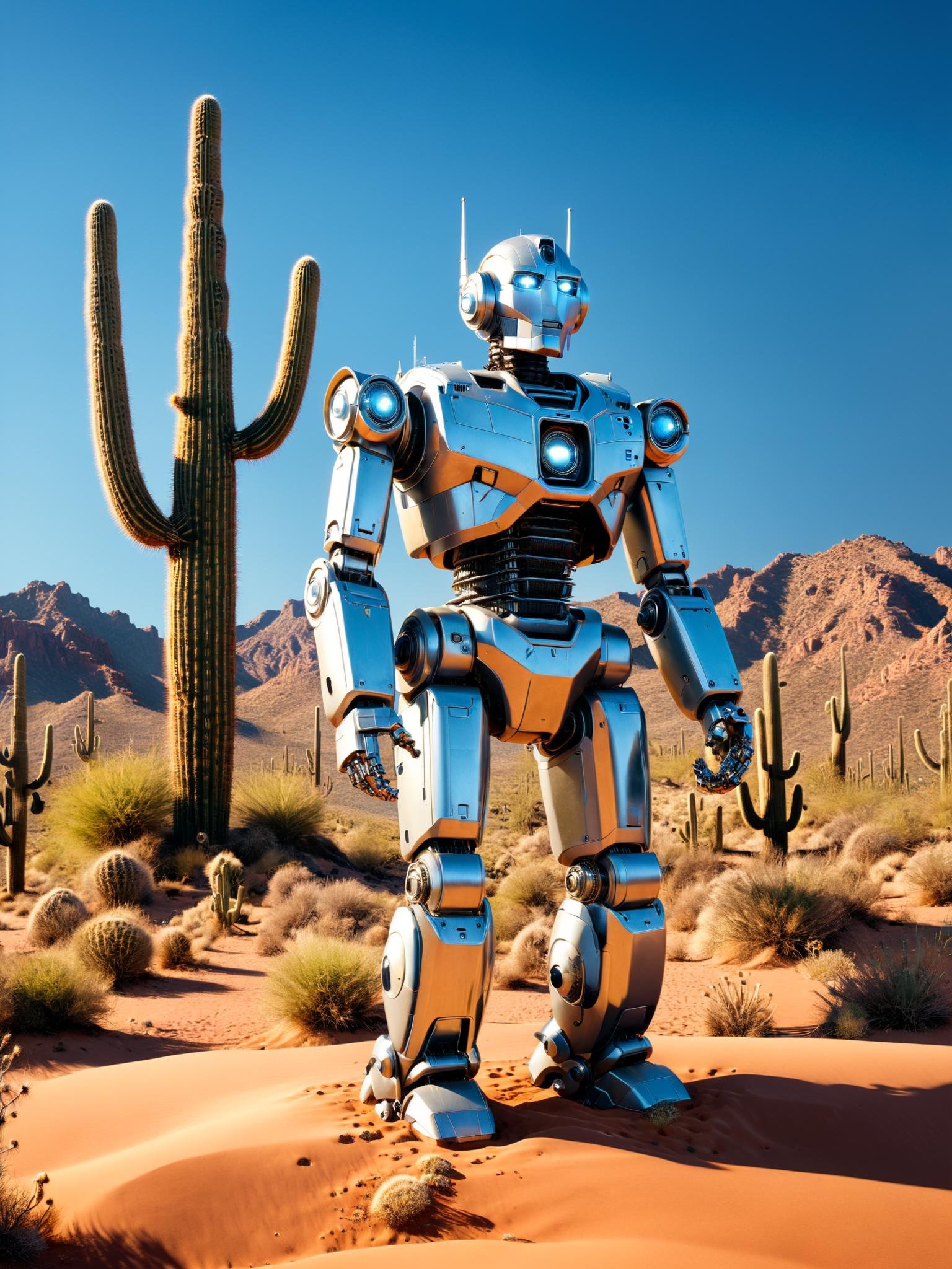 A photorealistic image of a sleek, humanoid robot standing in a desert landscape. The robot is made of smooth, metallic material and has a single glowing eye. It holds a professional-grade camera in its right hand and is in the process of taking a picture of a large, saguaro cactus in front of it. The scene is brightly lit, with a clear blue sky and sand dunes stretching out into the distance.<lora:Y.A128-v2-1-1:0.9>