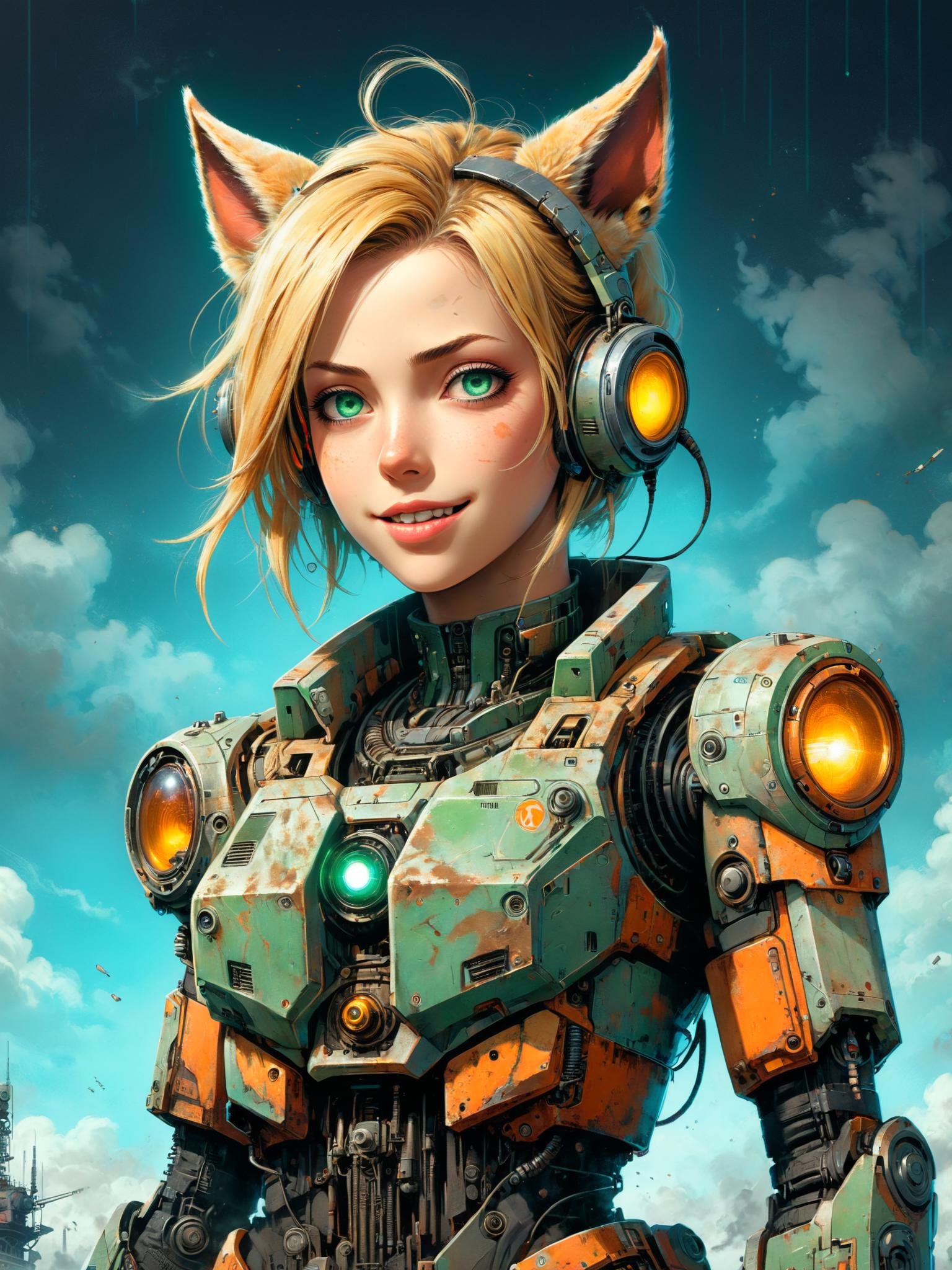 drawing masterpiece, concept art, ultra details, dramatic lighting, early evening, symmetric tank, wasteland, dystopic, comic tankgirl, fog, dust, soft motion blur, full body shot, 21 year old blond tankgirl street attention danger perfect eyes perfect nose percet ears laughing on her tank peace symbol, rusty old humanoid support robot, green cyan orange yellow spotlights, magenta, graffitti, dirty, fog, dust, windy, 4k, ultra hd, realistic, vivid colors, highly detailed, UHD drawing, pen and ink, perfect composition, beautiful detailed intricate insanely detailed octane render trending on artstation, 8k artistic photography, photorealistic concept art, soft natural volumetric cinematic perfect light, golden ratio, fake detail, trending pixiv fanbox, acrylic palette knife, style of makoto shinkai studio ghibli genshin impact james gilleard greg rutkowski chiho aoshima<lora:Y.A128-v2-1-1:0.9>