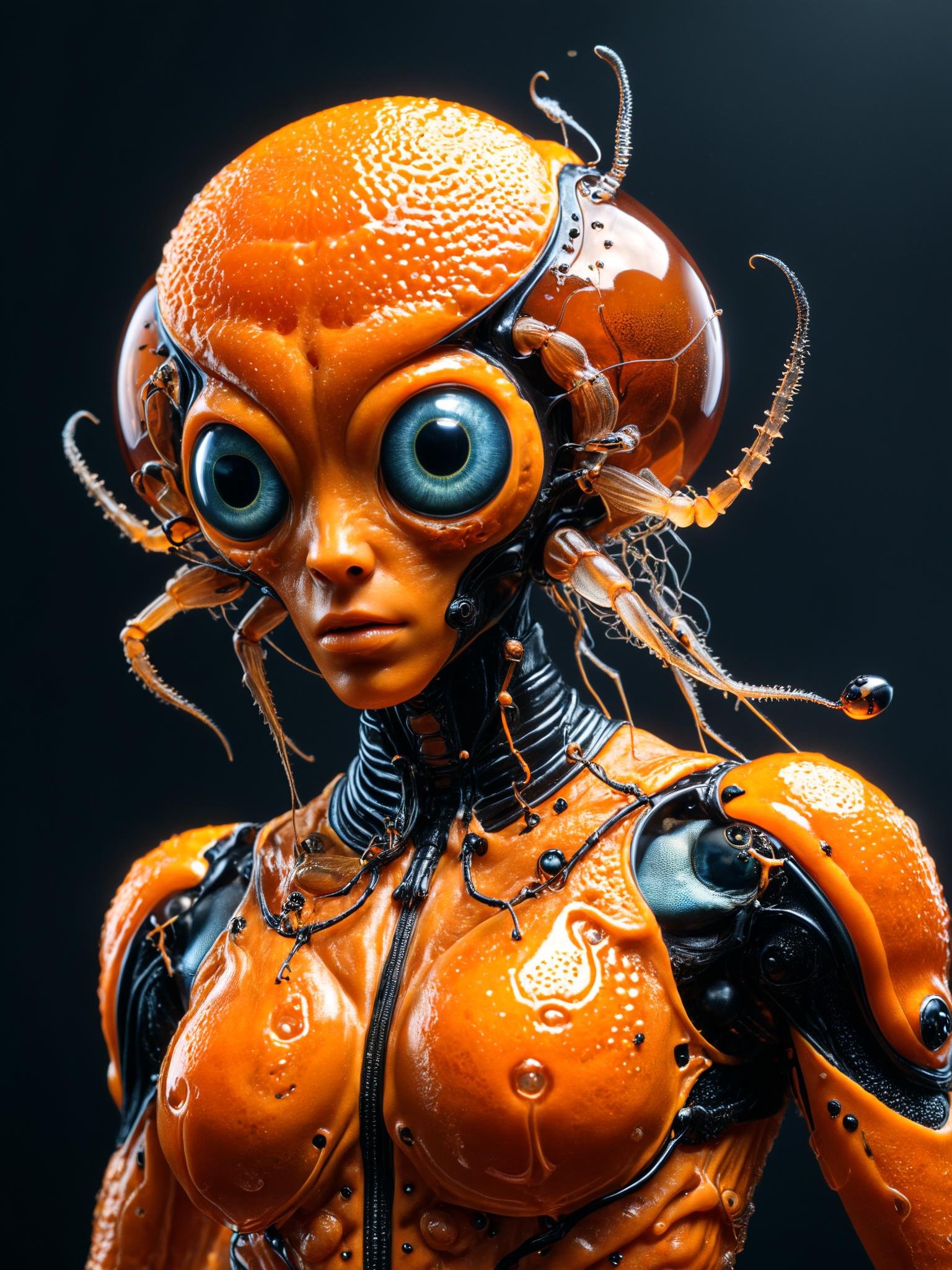 (genetic modification of Orange-skinned humanoid with beetle:1.7), (jellyfish body and neck:1.5), large giant organic eyes, whole figure, Centered-Shot, photorealistic, intricate, high detailed,  cinematic lighting, octane render, abstract, uniform dark background, matte background<lora:Y.A128-v2-1-1:0.9>