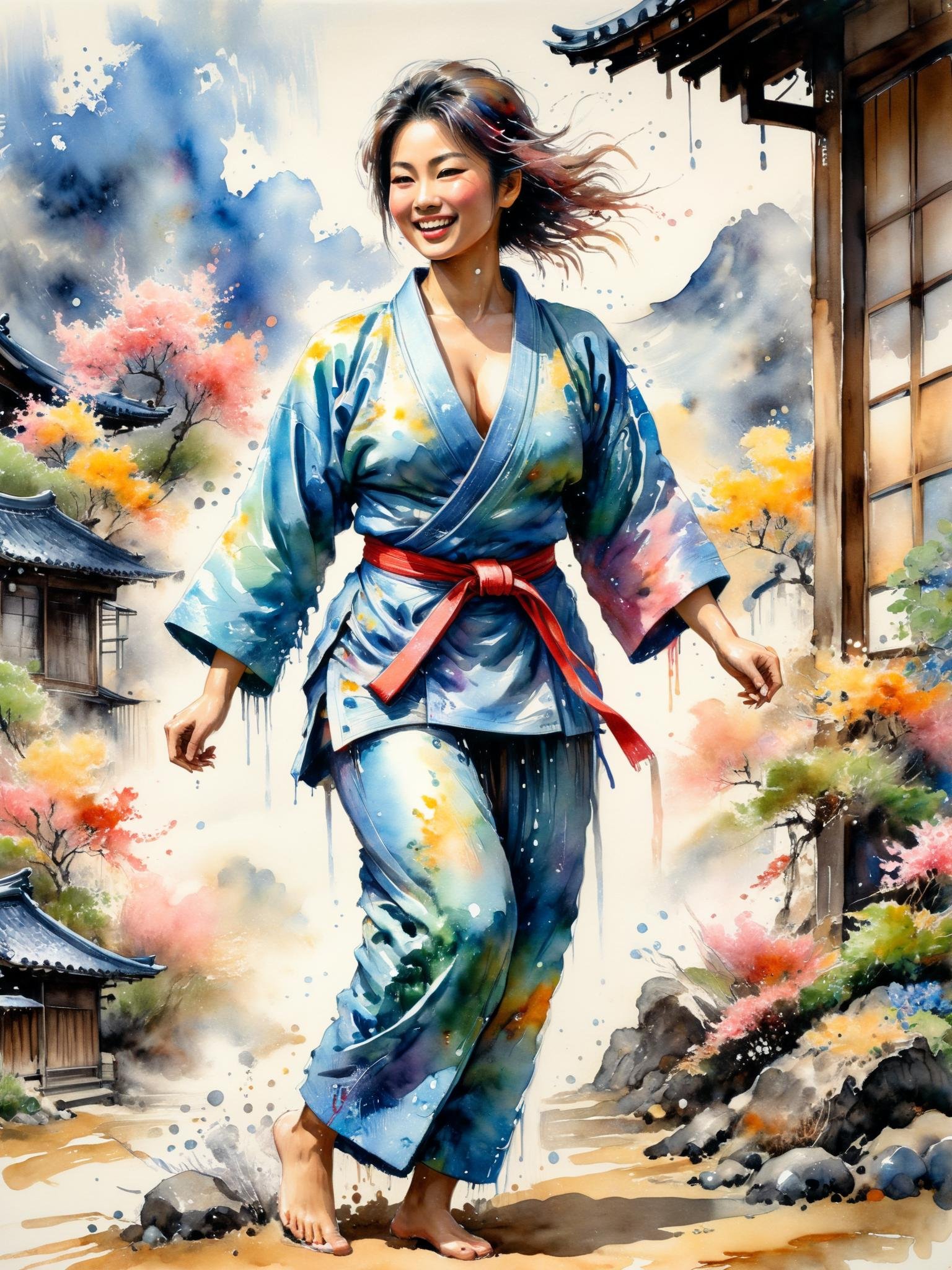 impressionism style, thin touch of painting, detailed painting, ink drawing, watercolor, oil on canvas, pastel, aquarelle, ink contours, matte painting, wet brush, colourful, hyperdetailed. In Tokyo country side, a full body pose of a very sexy woman, smiling, hair blown in the wind, in a japanese typical house playing judo.<lora:Y.A128-v2-1-1:0.9>