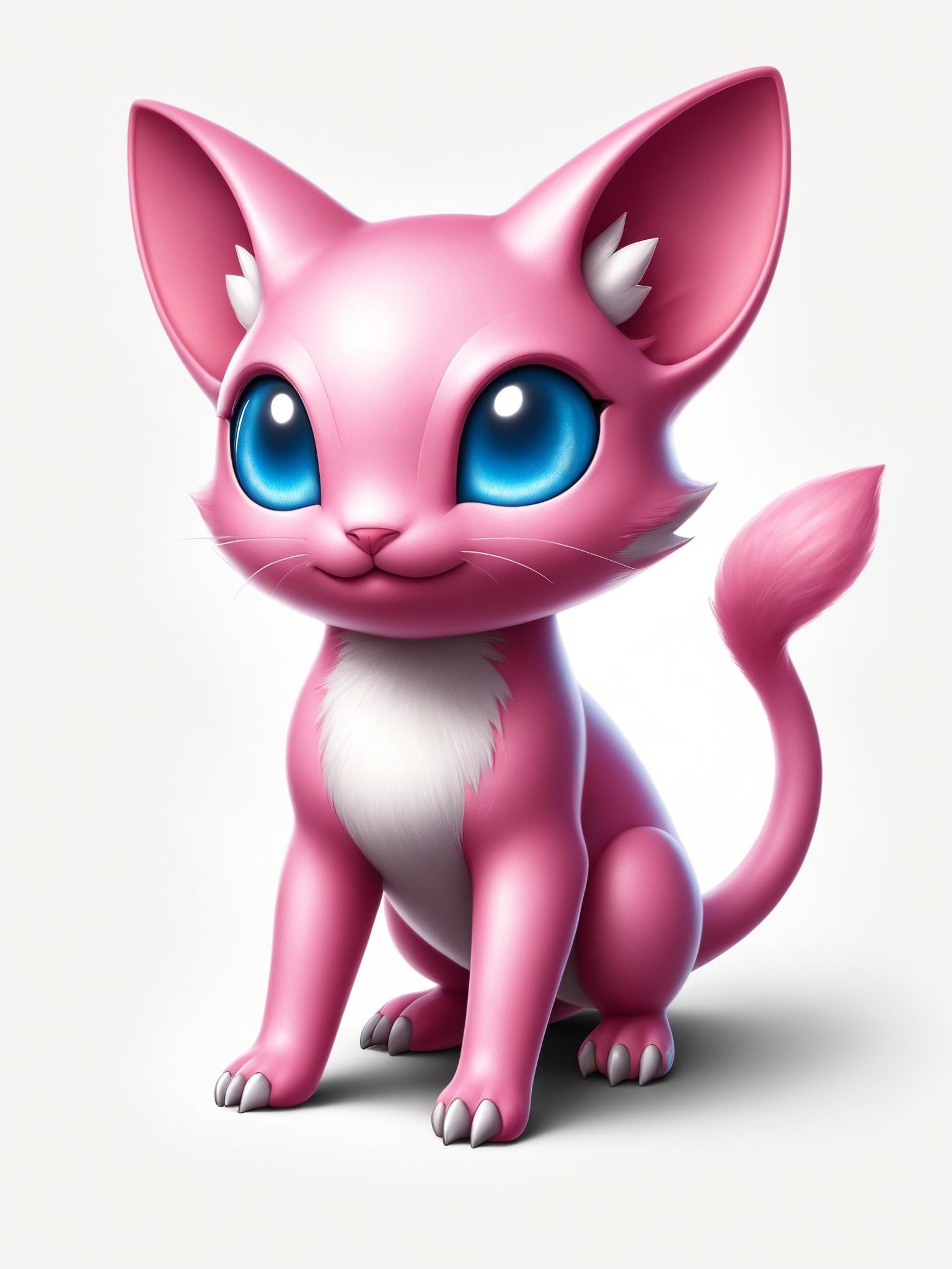 Mew is a pink, bipedal Pokémon with mammalian features. It has a rounded, wide snout; triangular ears; and large, blue eyes. It has short arms with three-fingered paws and large hind paws with oval markings on the soles <lora:grainy1+2+3-0.125:0.7>