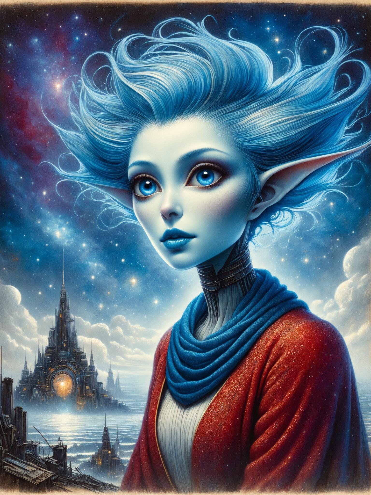 Art by Andy Kehoe, luis royo, Esao Andrews, Umberto Boccioni Portrait of an alien woman with blue luminescent skin and sharp tips of ears, Blue wavy hair, fanged smilesitting, three-quarter view, classic style of oil painting in warm tones, intricate sapphire-decorated collar, muted background depicting a hazy, distant alien landscape, Ultra-high detail, detailed Random alien landscape, starry sky Space, futurism, unusual cities, the brilliance of stars, digital painting, high detail, intricate pose, clarity, high quality soft diffused lighting, high level of detail of facial features, rich textures of clothing, chiaroscuro effect, ultra-fine work with a brush, digital painting A man sitting alone in a ruined city. Akira (1988 film), victo ngai cyberpunk style, villain wearing a red oni mask, videogame poster, wearing a botanical gas mask, holy cyborg necromancer girl, inspired by Mœbius, verdigris, ign, the artist has used bright, sergio toppi, story art. Bold colors, Stylized portraits, Famous faces, Pop art still life, Pop art landscapes. delicate face, facial details, confident soft impressionist perfect composition, Sharp, perfect eyes. JaMuary 21 = Drawing + Romanticism + Abstract Art. Drawing by Michael Ayrton, fusion of [Romanticism | Abstract Art by Alberto Seveso] digitally enhanced cinematic pencil sketch manifesting intense emotion. An image must have a mysterious look and incredible masterpiece quality - It must be in high resolution (8k) with super detail and lots of attention to small details - The image must present macro details and include volumetric light - The image must be Absolutely perfect, with super-detailed texture and realistic reflections on surfaces - Cinematic effects must be applied to the image for added effect - Proportions of objects must match the aspect ratio of the screen, while the object must be located in the center - Image must take up the entire screen and be in UHD (ultra high resolution format definition). <lora:grainy1+2+3-0.125:1>