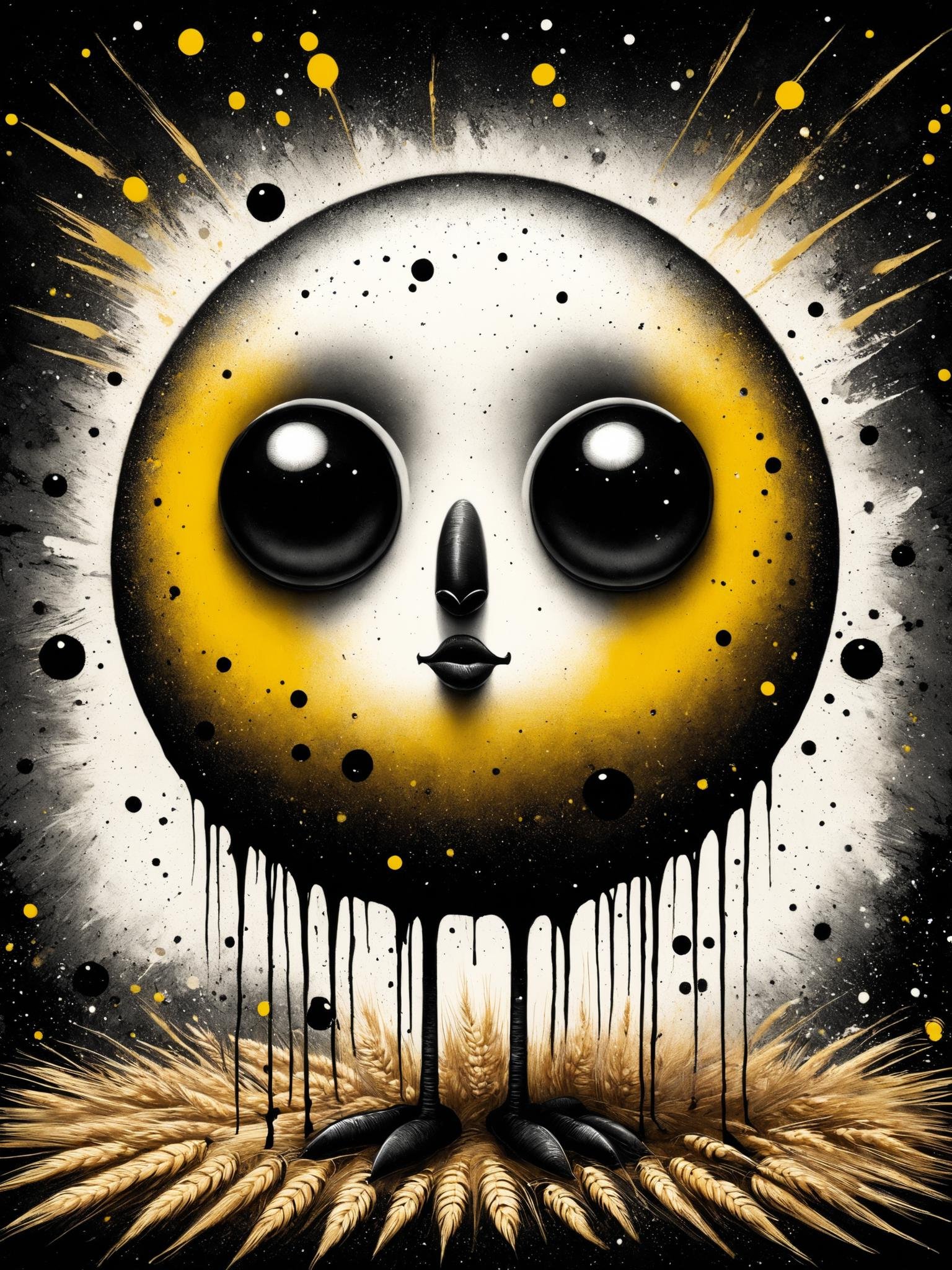 digital paintingof a quirky character with an oversized round head, big black eyes, thin limbs, textured, layered effect, impasto, splattering, black drips, spray paint, wheat paste posters, hastily drawn, grunge aesthetic, contemporary, black and white tones with vibrant splashes of yellow, warm color scale, dark backdrop.<lora:grainy1+2+3-0.125:0.9>