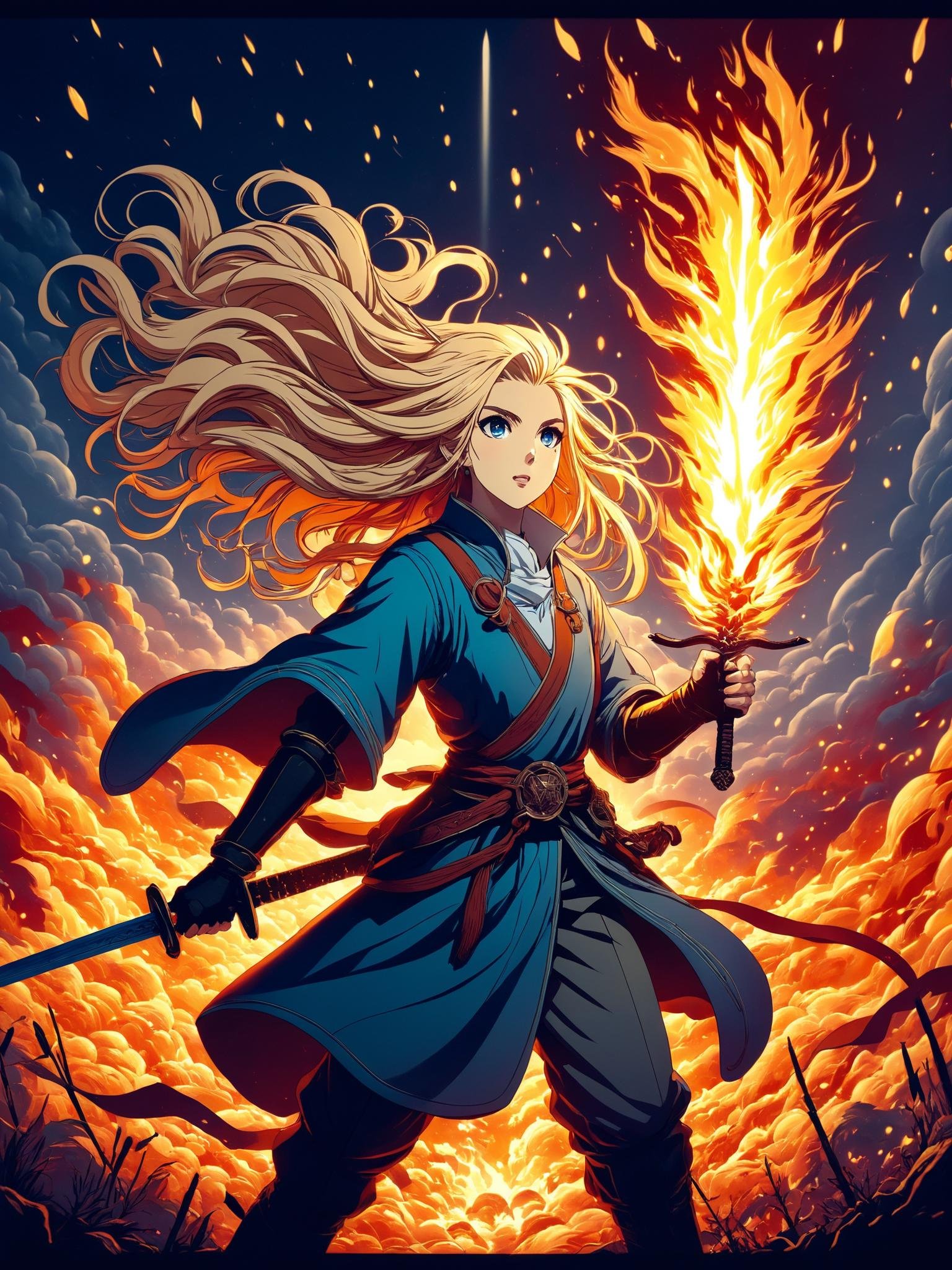 anime style, line art, flat color, cel shading, a girl with long blonde hair, a sword in fire, mystic background, cinematic lighting<lora:grainy-v1:0.9>