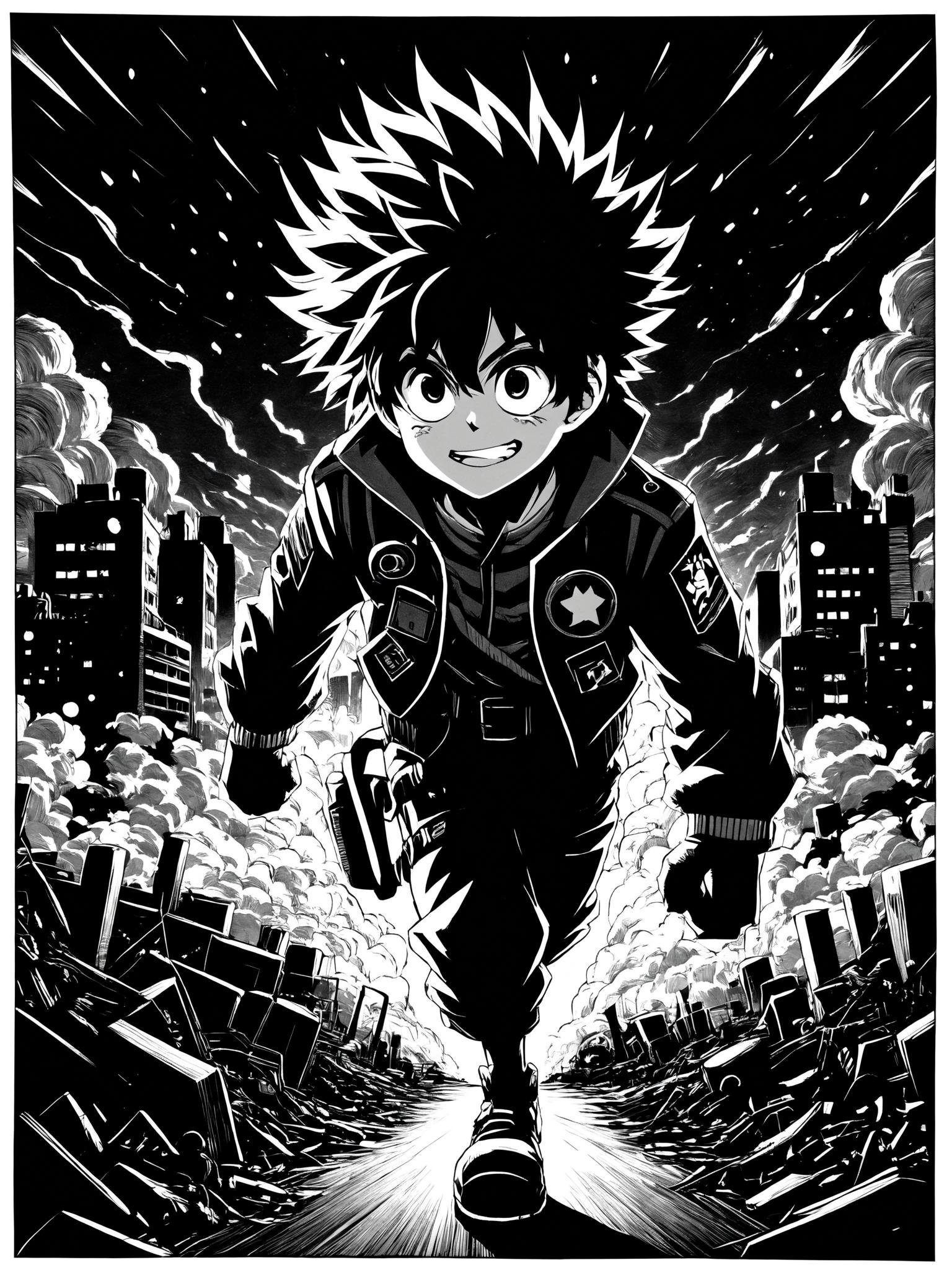 flat scan of Izuku Midoriya in a dark street, doodle drawn on a paper with black magic paper, black background, black and white,from a nuclear detonation, illustrated with a fusion of graphic novel aesthetics characterized by bold compositions and dynamic poses, combined with detailed, clean line work, elevated by filmic illumination and a restrained chromatic scheme. <lora:grainy1+2+3-0.125:0.9>