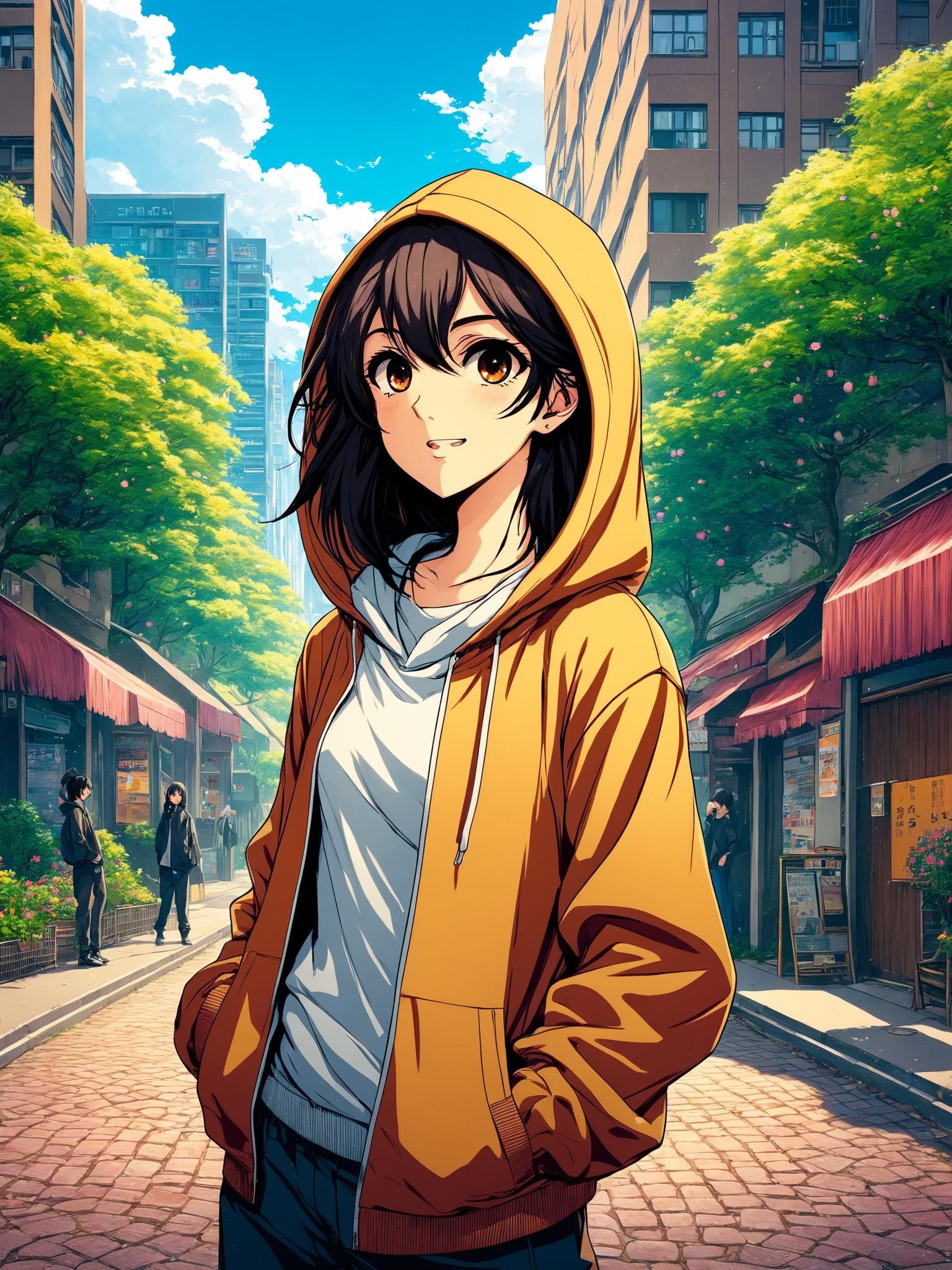 anime artwork illustration comics animeoutdoors,solo,city street,EPinKagome,black hair,brown eyes,long hair,hoodie,sweatpants,v,midriff peek,happy, anime style, key visual, vibrant, studio anime,  highly detailed<lora:grainy-v1:0.8>