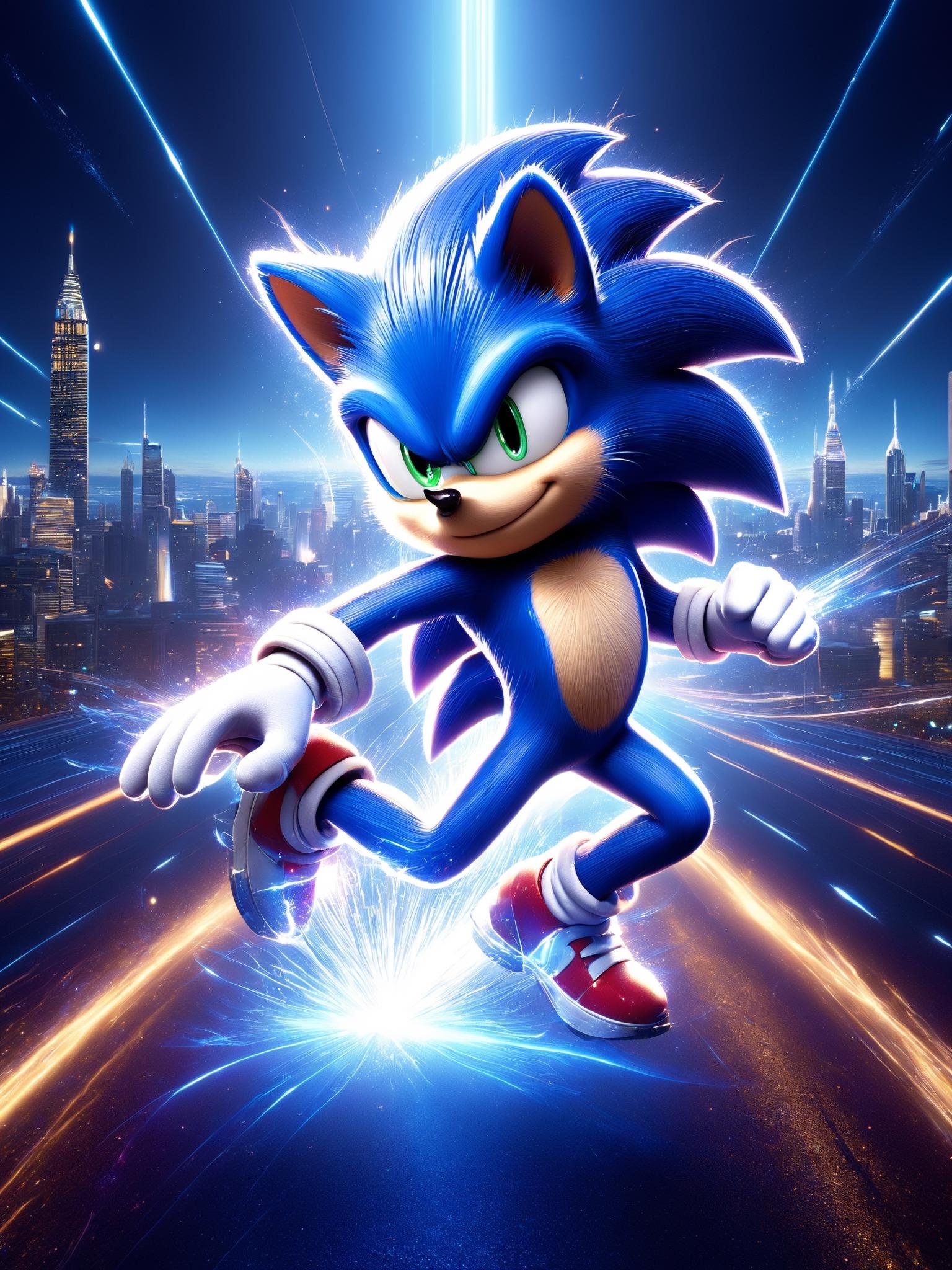 A stunning 3D render of Sonic the Hedgehog in action, showcasing his heroic side. He is wearing his iconic blue outfit with white shoes and has a determined expression on his face. Sonic is seen running with his arms outstretched, creating a trail of sparkles as he moves. The background features a futuristic cityscape with colorful lights, giving off a neon vibe., 3d render <lora:grainy1+2+3-0.125:0.9>