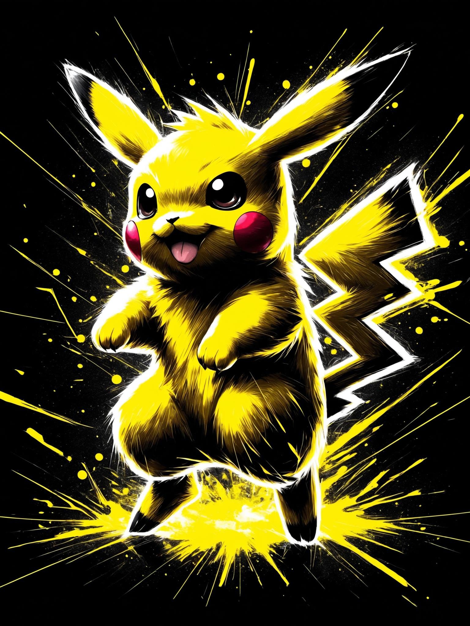 pokemon pikachu, active pose, anime, scetch, nvinkpunk, abstract brush strokes, heavy lines, HDR Neo-Noir style, bright yellow neon, minimal<lora:grainy-v1:0.8>