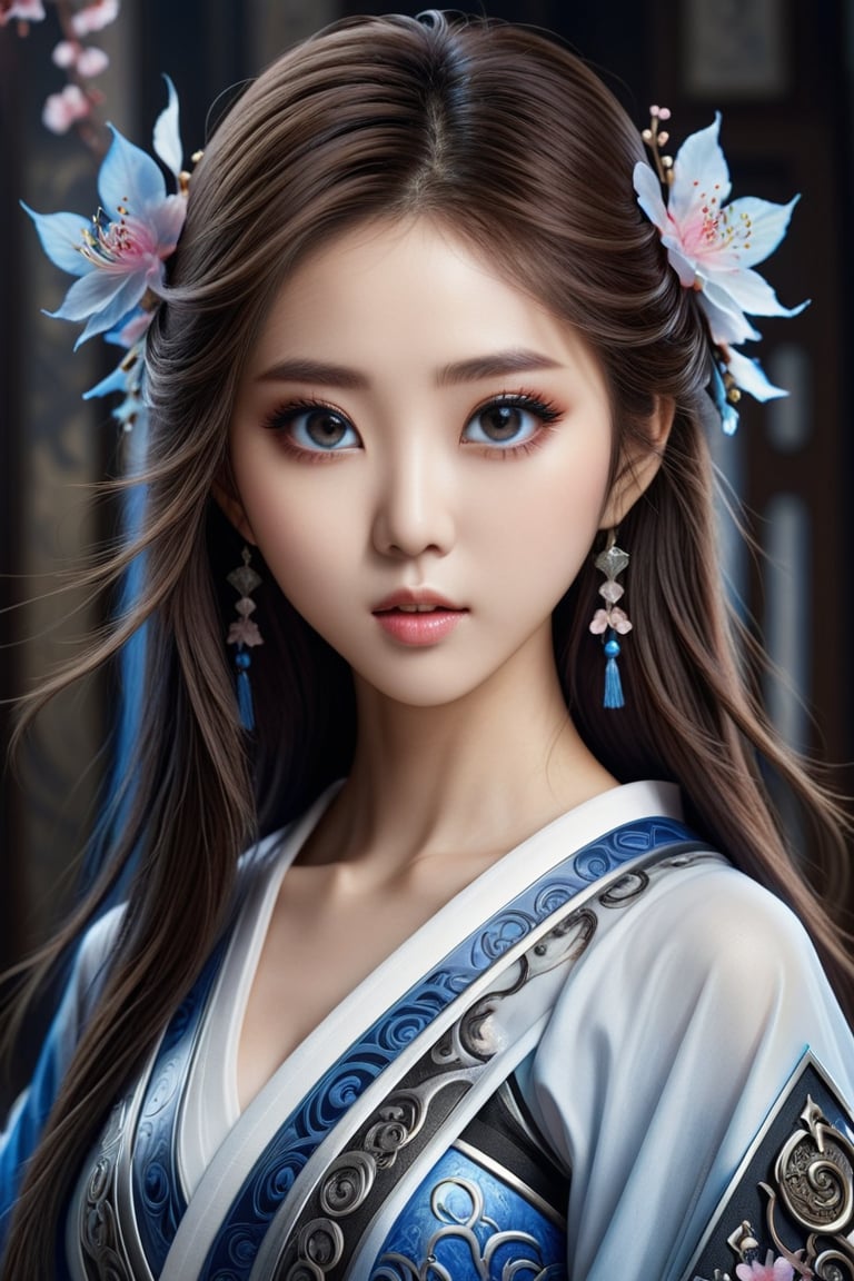 hyperrealistic, award-winning, raw photo, death knight as a 17-years-old ethereal breathtakingly glamorous japanese idol, porcelain skin tone, translucent skin texture, large eyes, detailed face, perfect face, symmetric face, DonMD34thKn1gh7XL, runeblade, photo_b00ster, glowing blue rune, ink alcohol style, medium shot, concept art, a fusion with cherry blossom,large-eyed 