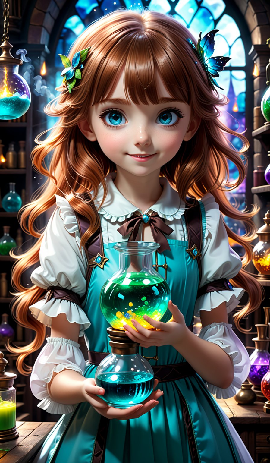 ((1girl, 6year old girl:1.5)),loli, petite girl, beautiful shining body, bangs,((darkbrown hair:1.3)),(aquamarine eyes), (perfect face),  top quality,  (official art :1.2),  (HDR:1.4),  UHD,  (beautiful and aesthetic:1.2),  high definition,  high quality,  detailed face,  high resolution,  highly detailed,  extremely detailed background,  (ultra detailed),  perfect lighting,  (photorealistic :1.37),  (8k, 16K,  best quality,  masterpiece:1.2),  (ultra highres:1.0), realistic,  epic, 1girl, really cute young ginger girls' smiles, creating a joyful atmosphere, potion mistress, magic, (lots of colorful potions :1.3), glowy smoke, tetradic colors, bubly, (detailed alchemist room:1.6), volumetric lights,  very detailed potions and alchemy laboratory scenery,  colorful,  dynamic,  visually rich,  whimsical,  fairy tale, 


,large-eyed ,more detail XL