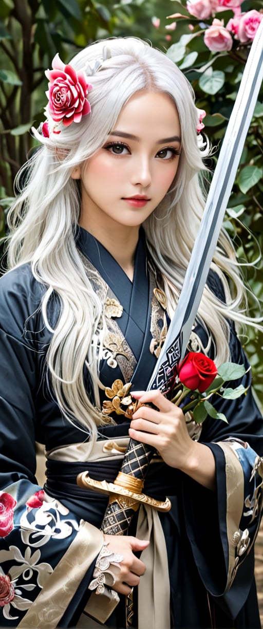 woman in a black robe holding a sword and a rose bush., white-haired deity, beautiful elf in ornate robes, she is holding a sword, ornate Korean polearm behind her, long sword in her hand, holding a sword in her shoulder, holy sword in her hands, with long white hair, long silver hair with a flower, ornate cosplay dark and moody style, perfect face, outstretched perfect hands . masterpiece, professional, award-winning, intricate details, ultra high detailed, 64k, dramatic light, volumetric light, dynamic lighting, Epic, splash art .. ), by james jean $, roby dwi antono $, ross tran $. francis bacon $, michal mraz $, adrian ghenie $, petra cortright $, gerhard richter $, takato yamamoto $, ashley wood, tense atmospheric, , , , sooyaaa,IMGFIX,Comic Book-Style,Movie Aesthetic,action shot,photo r3al,bad quality image,oil painting, cinematic moviemaker style,Japan Vibes,H effect,koh_yunjung ,koh_yunjung,kwon-nara,sooyaaa,colorful,bones,skulls,armor,han-hyoju-xl
,DonMn1ghtm4reXL, , , , , ,large-eyed 