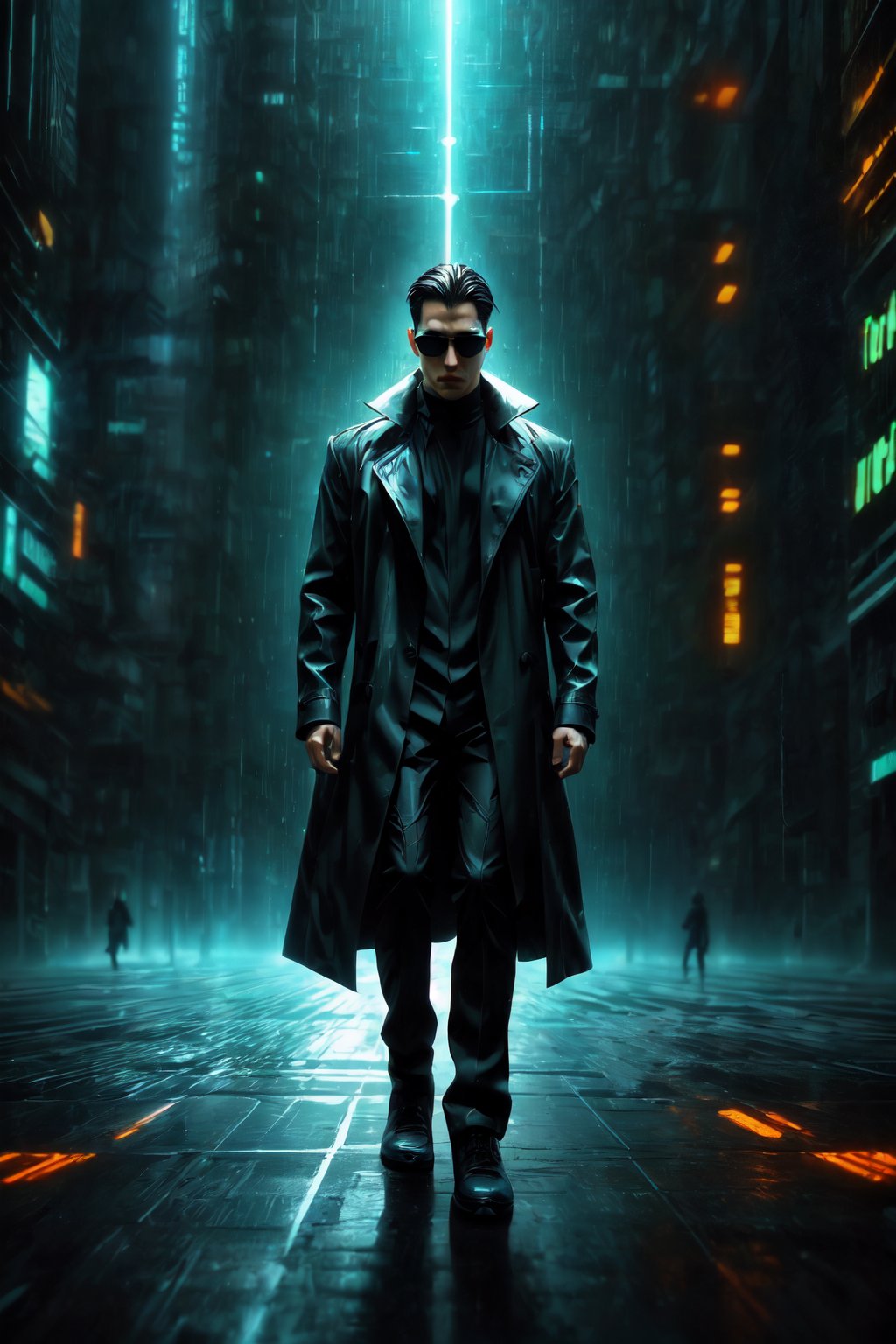 high-definition, dynamic, action-packed, 
1man, Matrix style, leaping, mid-air, all-black suit, black glasses, athletic build, intense expression, 
((depth of field)), urban skyline, futuristic cityscape, dark ambiance, digital code rain, neon lights, gorgeous movements, Code matrix cascading from top to bottom, by FuturEvoLab, 
gravity-defying, cyberpunk atmosphere, surreal, digital world, ,Human bones,Time Travel Style,Holy light