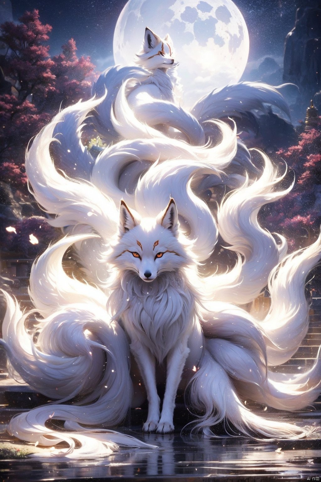 The nine-tailed fox is covered with white and flawless hair, and its nine fluffy tails surround it like a cloud, during which the light and shadow effect, the moonlight is sprinkled on the nine-tailed fox, emitting a soft glow, The color is silver white, the visual Angle looks upward, showing the majesty and beauty of the fox, the quality is delicate, full of dynamic.   The painting was asked to express the mystical charm of the spirit of the nine-tailed fox, echoing the ancient atmosphere of the shrine.   To create a supernatural atmosphere, nine tail bar is very beautiful.
, Nine tails