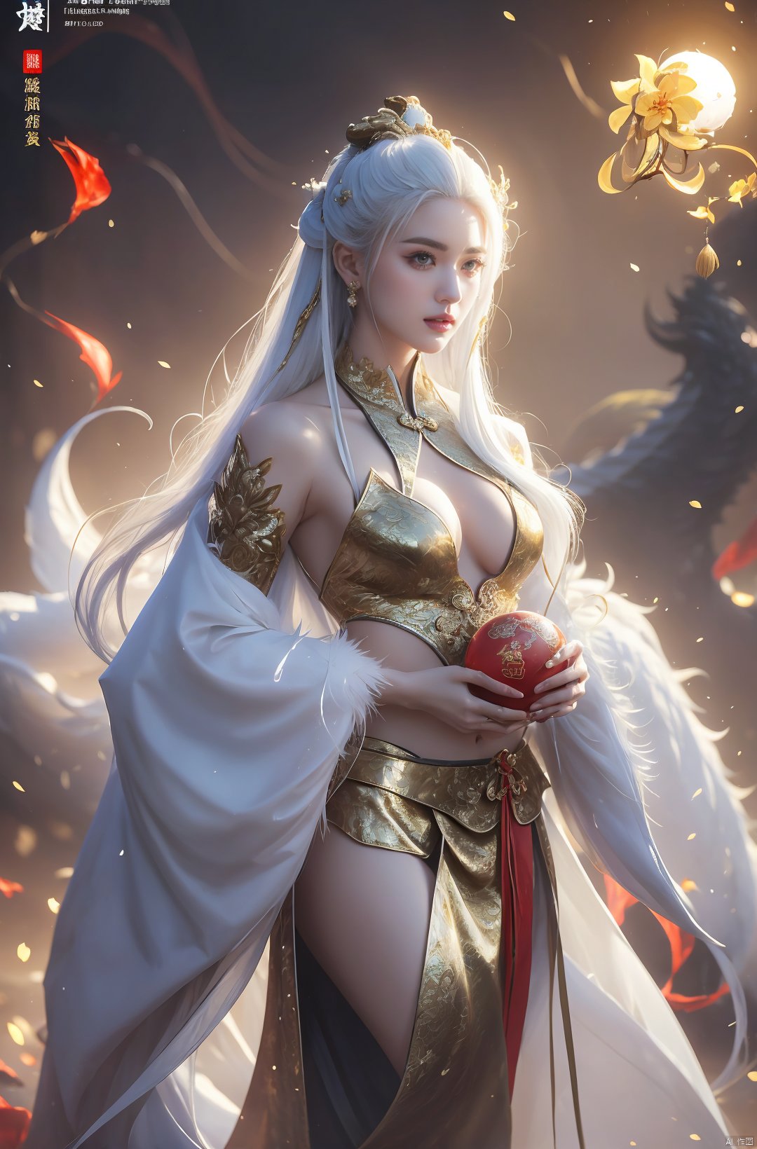  a woman with white hair holding a glowing ball in her hands, white haired deity, by Yang J, heise jinyao, inspired by Zhang Han, xianxia fantasy, flowing gold robes, inspired by Guan Daosheng, human and dragon fusion, cai xukun, inspired by Zhao Yuan, with long white hair, fantasy art style,,Ink scattering_Chinese style, smwuxia Chinese text blood weapon:sw, lotus leaf, (\shen ming shao nv\), gold armor, a boy_gmlwman, wunv, Nine tails, a dragon