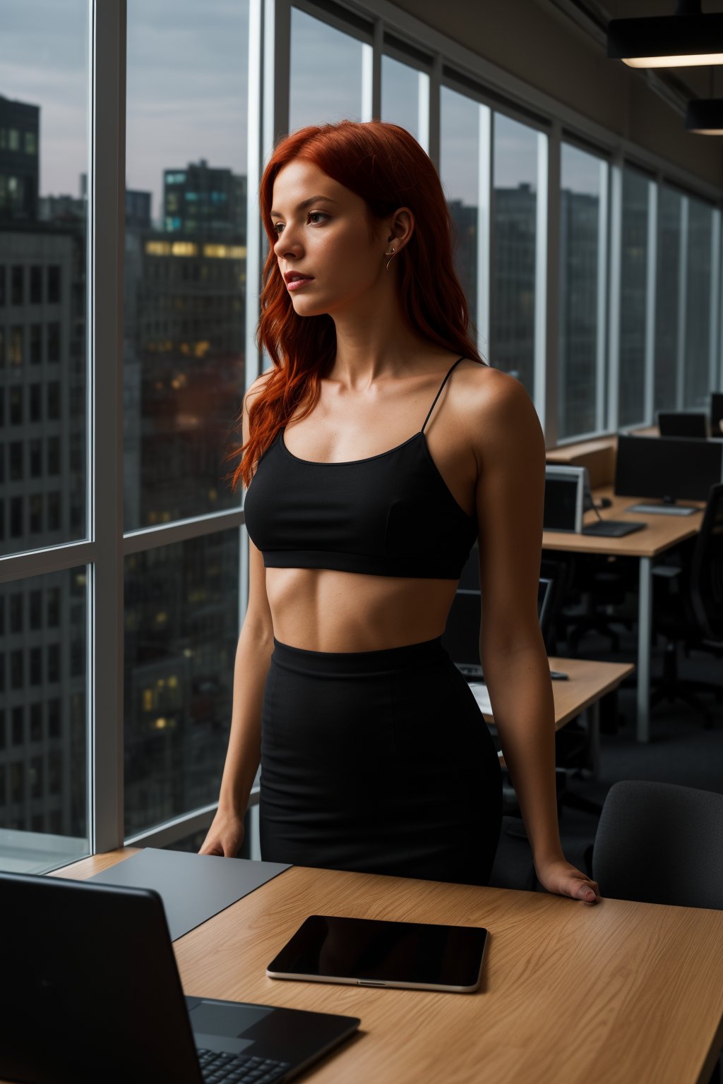 (Masterpiece, best quality, hi_res, extreme detail, perfect anatomy, perfect face), 1 beautiful woman,fiery red hair,beautiful labia,sat at her desk with a frown on her face. She was thinking hard in front of the computer. She had a PPT for tomorrow's meeting that she hadn't finished yet. It was already late at night, and she was the only one in the office still working overtime. Outside the glass curtain wall behind her is the bustling night of the city, reflecting her hard work.perfect body,photorealistic,androide18