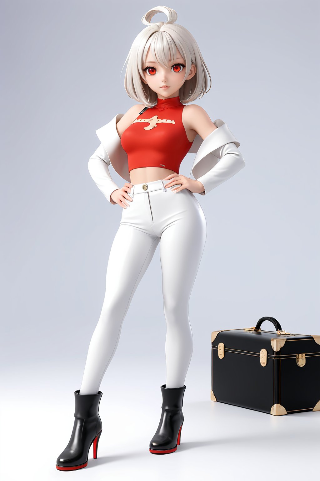 professional 3d model  of hubg, anime artwork pixar,3d style, good shine, OC rendering, highly detailed, volumetric, dramatic lighting,

1girl,((full body)),looking at 1girl,((full body)),looking at viewer,standing,shiny_skin,fair_skin,Celine leather trousers with a high waist and tapered leg,light oyster white hair,red eyes, absolute_territory,tight,spandex,shoes,kneehighs,glamor,dormitory,clean background,straight_hair,hime cut,

masterpiece,best quality,super detail,
anime style, key visual, vibrant, studio anime,