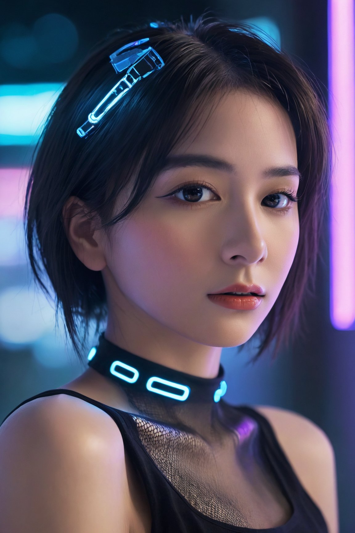 1woman, cinematic portrait of a cyberpunk girl whose upper body is framed against the backdrop of a neon-lit,Look at viewer, nocturnal cityscape. Half of her face is human, exuding a sense of resilience and humanity, while the other half is a complex, intricately designed cybernetic machine, showcasing advanced technology seamlessly integrated with organic life. Her expression is contemplative, capturing the duality of her existence in a world where man and machine converge. The cybernetic parts gleam with a metallic sheen, illuminated by the surrounding neon lights which reflect in the intricate patterns of her machinery. The color palette is a fusion of warm human tones against the cold, industrial hues of her mechanical side, set against the contrasting cyberpunk environment. The photo is taken with a Sony α7R IV to achieve a depth of field that sharply details the textures of her cybernetic implants while gently blurring the vibrant city life in the background, emphasizing the juxtaposition between character and setting, with a touch of dystopian elegance,ZeeJKT48