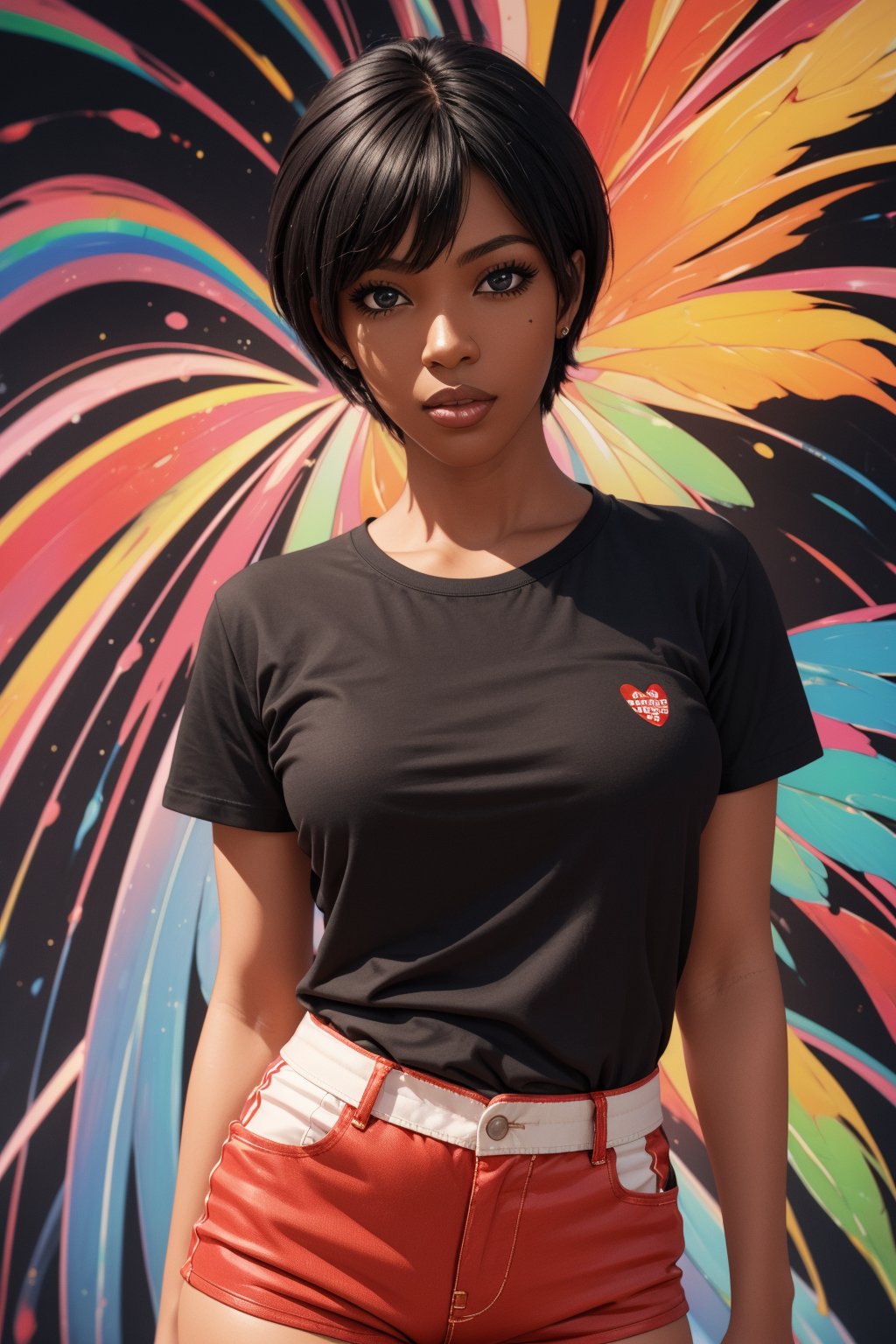 1boy, solo, oil painting, impasto, looking at viewer, a woman, Lisa 30 years old, black hair, pixie haircut, black eyes, urban psychedelic outfit, black skin, dark skin, curve body, (red black t-shirt) , (red white shorts) , psychedelic  background, masterpiece, nijistyle, niji, ,sciamano240, soft shading,1girl,1 girl, Lisa