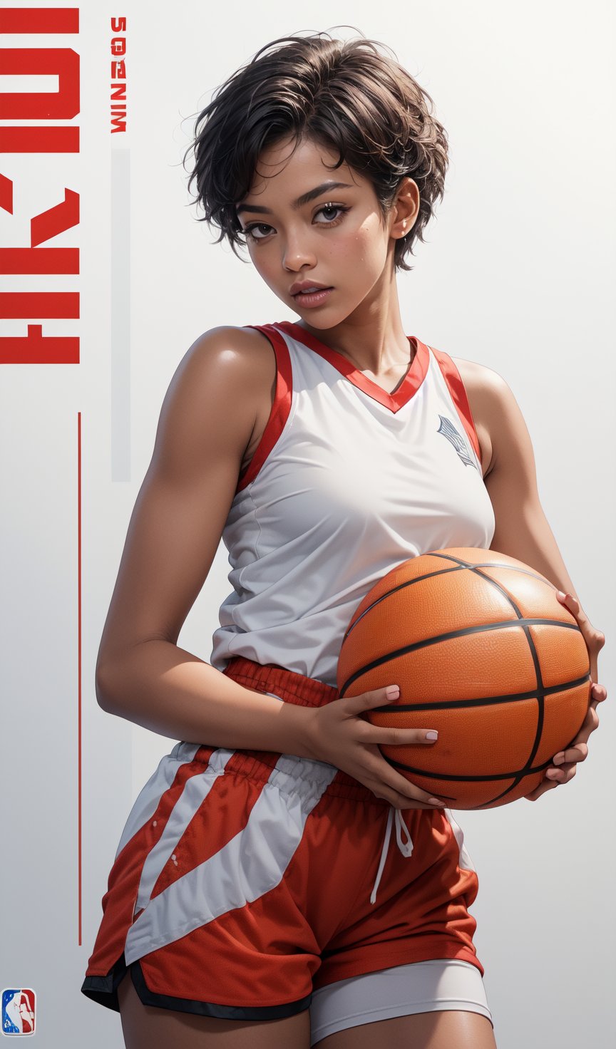 (masterpiece, realistic paper art), 1girl, Lisa, black skin, dark skin, solo, hold basketball, short black hair, pixie haircut, black eyes, female muscular, muscular body, (((red white top))), (((red white basketball shorts))), Confidence and pride,1 girl ,beauty, beauty spirit, realistic, ultra detailed, photo shoot, basketball magazine poster background,  ,Lisa 