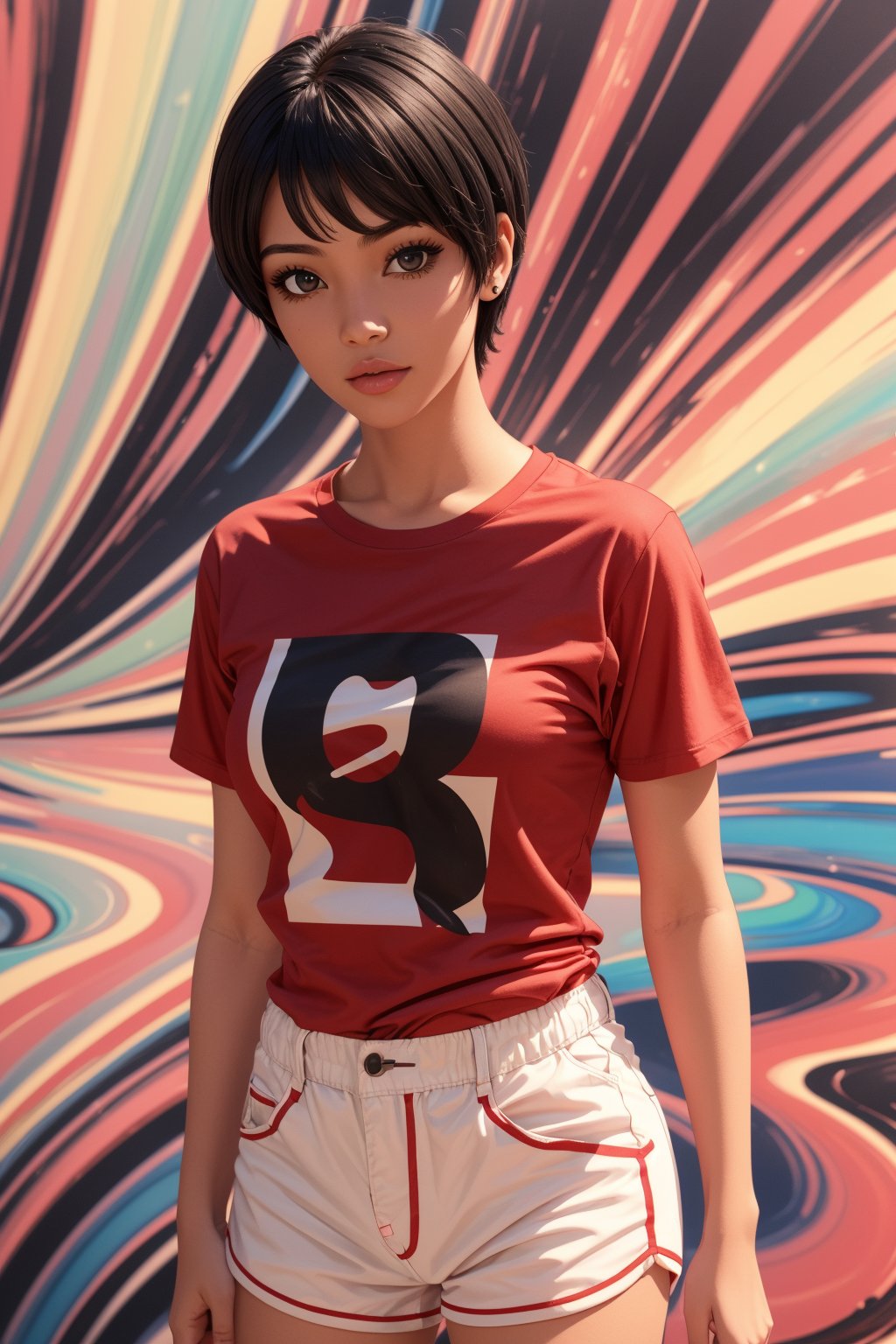 1boy, solo, Lisa, oil painting, impasto, looking at viewer, a tomboy black woman, 30 years old, black hair, pixie haircut, black eyes, urban psychedelic outfit, tomboy focus, athletic body, (red black t-shirt) , (red white shorts) , psychedelic  background, masterpiece, nijistyle, niji, ,sciamano240, soft shading,1girl,1 girl, 