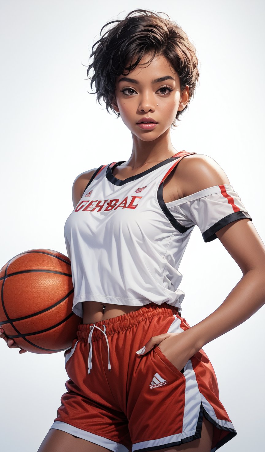 (masterpiece, realistic paper art), 1girl, Lisa, black skin, dark skin, solo, hold basketball, short black hair, pixie haircut, black eyes, female muscular, muscular body, (((red white top))), (((red white basketball shorts))), Confidence and pride,1 girl ,beauty, beauty spirit, realistic, ultra detailed, photo shoot, basketball magazine poster background,  ,Lisa 