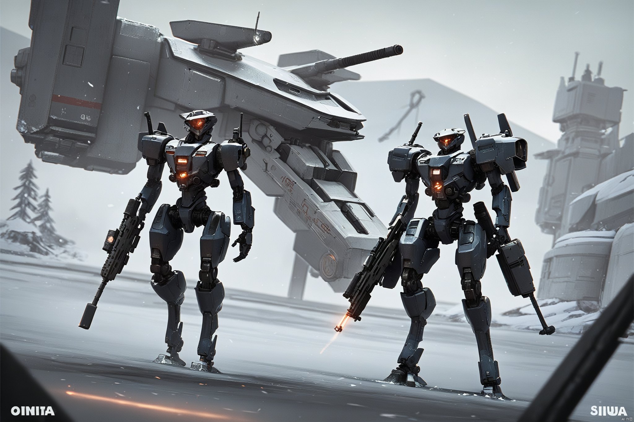  score_9, score_8_up, score_7_up, score_6_up,jijia, 3d, CG, robot, weapon, mecha, gun, science fiction, holding weapon, holding, military vehicle, holding gun, military, rifle, no humans, standing,a couple of robots standing in the snow,a bunch of robots on the ice are walking towards something