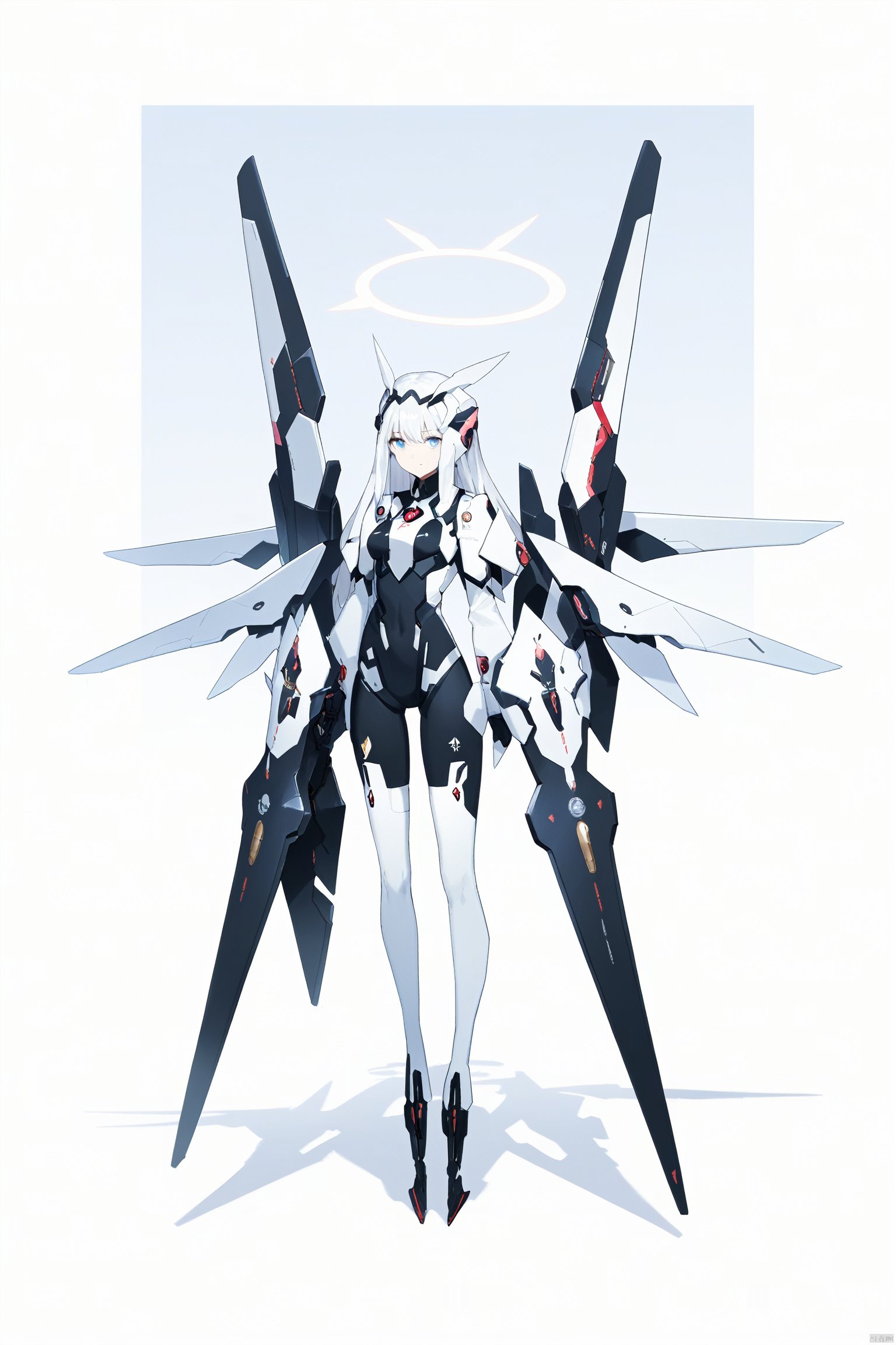 score_9, score_8_up, score_7_up, score_6_up,jijia, 2d, anime, 1girl, halo, solo, white hair, mecha musume, weapon, wings, long hair, holding, full body, holding weapon, looking at viewer, bodysuit, shield, science fiction, thighhighs, shadow, standing, mechanical halo,a drawing of a woman with wings and a halo,a cartoon character with many guns and a halo