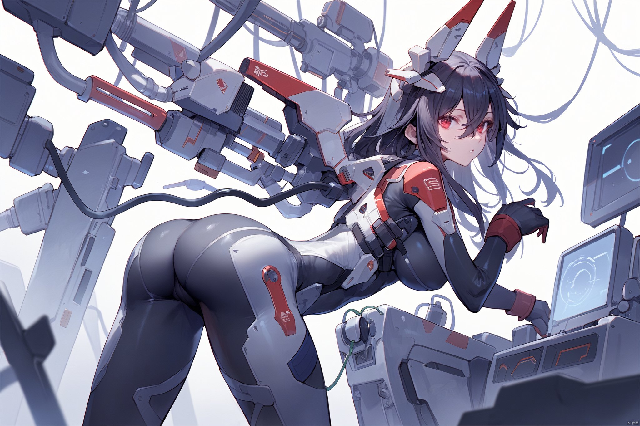  score_9, score_8_up, score_7_up, score_6_up,jijia, 2d, anime, 1girl, breasts, solo, bodysuit, long hair, large breasts, black hair, cable, looking at viewer, red eyes, skin tight, mecha musume, ass, headgear, hair between eyes, gloves, science fiction,a picture of a woman with a lot of guns,a woman in armor and weapons standing next to many other anime characters