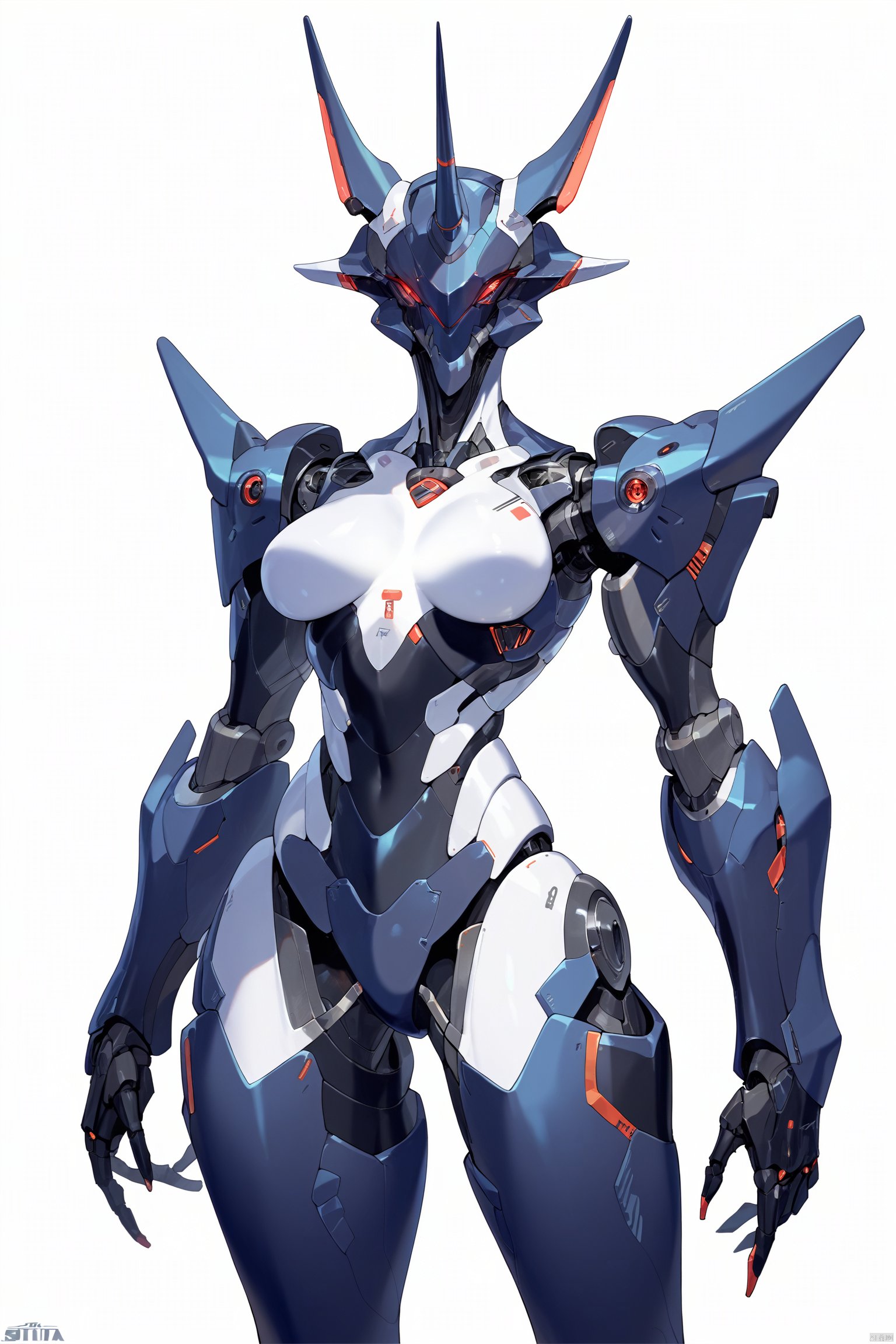  score_9, score_8_up, score_7_up, score_6_up,jijia, 2d, anime, 1girl, horns, solo, robot, breasts, white background, mecha, medium breasts, science fiction, simple background, robot joints, single horn, standing, weapon,a robot is standing in front of a white background,a cartoon character with a strange body