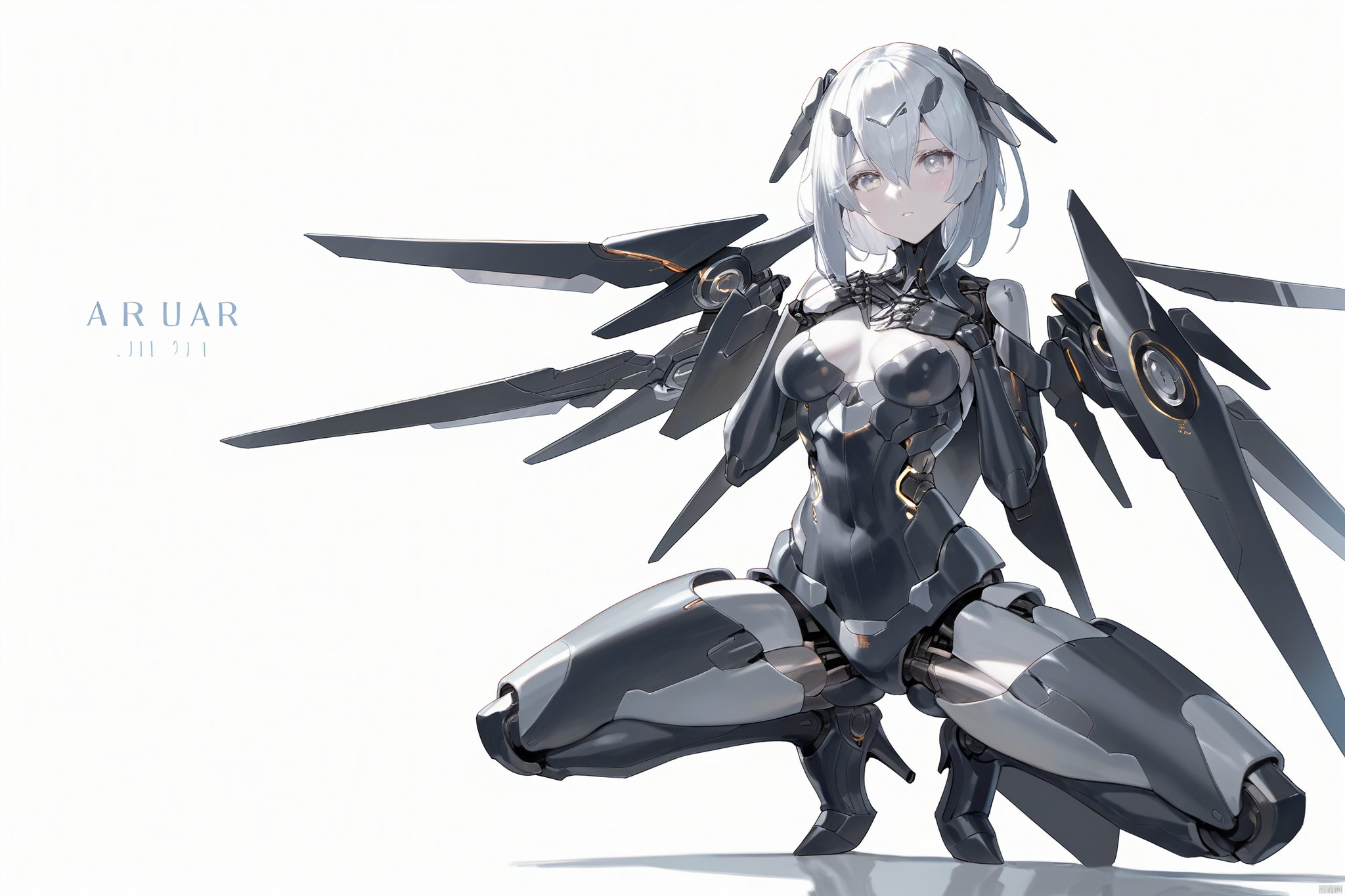  score_9, score_8_up, score_7_up, score_6_up,jijia, 2d, anime, 1girl, solo, grey eyes, squatting, breasts, looking at viewer, mecha musume, hand on own chest, android, medium breasts, mechanical wings, white eyes, wings, white background, high heels, simple background, grey hair, joints, robot joints, hair between eyes, white hair,a picture of a woman in armor with a sword,a female robot in silver lingerie with a gun on her side