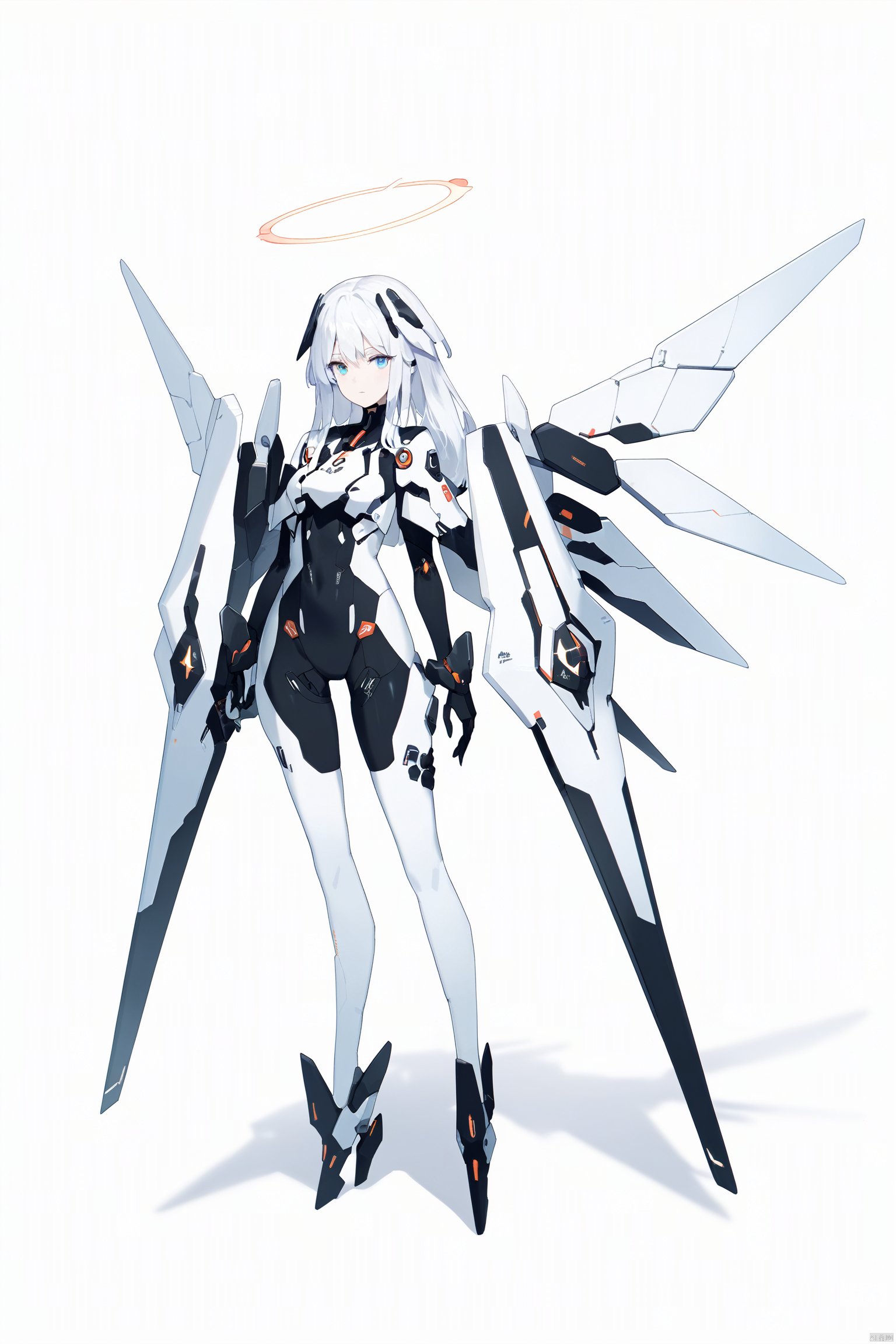 score_9, score_8_up, score_7_up, score_6_up,jijia, 2d, anime, 1girl, halo, solo, white hair, mecha musume, weapon, wings, long hair, holding, full body, holding weapon, looking at viewer, bodysuit, shield, science fiction, thighhighs, shadow, standing, mechanical halo,a drawing of a woman with wings and a halo,a cartoon character with many guns and a halo