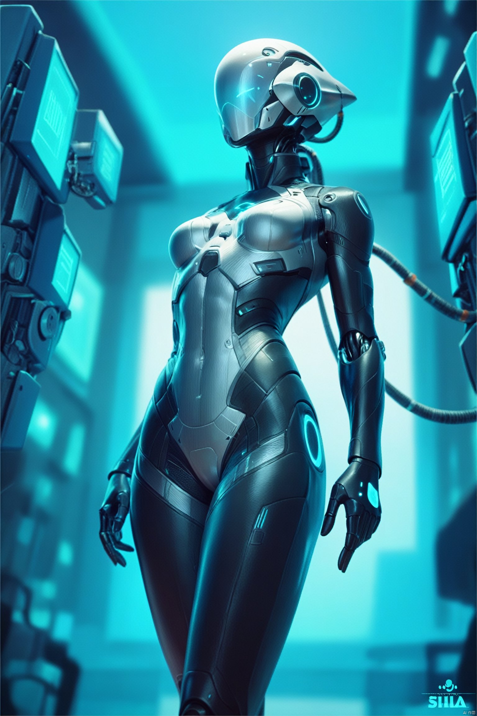  score_9, score_8_up, score_7_up, score_6_up,jijia, 3d, CG, 1girl, robot, cable, humanoid robot, solo, breasts, science fiction, blurry, helmet, glowing, standing, floating,a painting of a woman in a futuristic suit,a very futuristic looking woman standing in a suit of armor