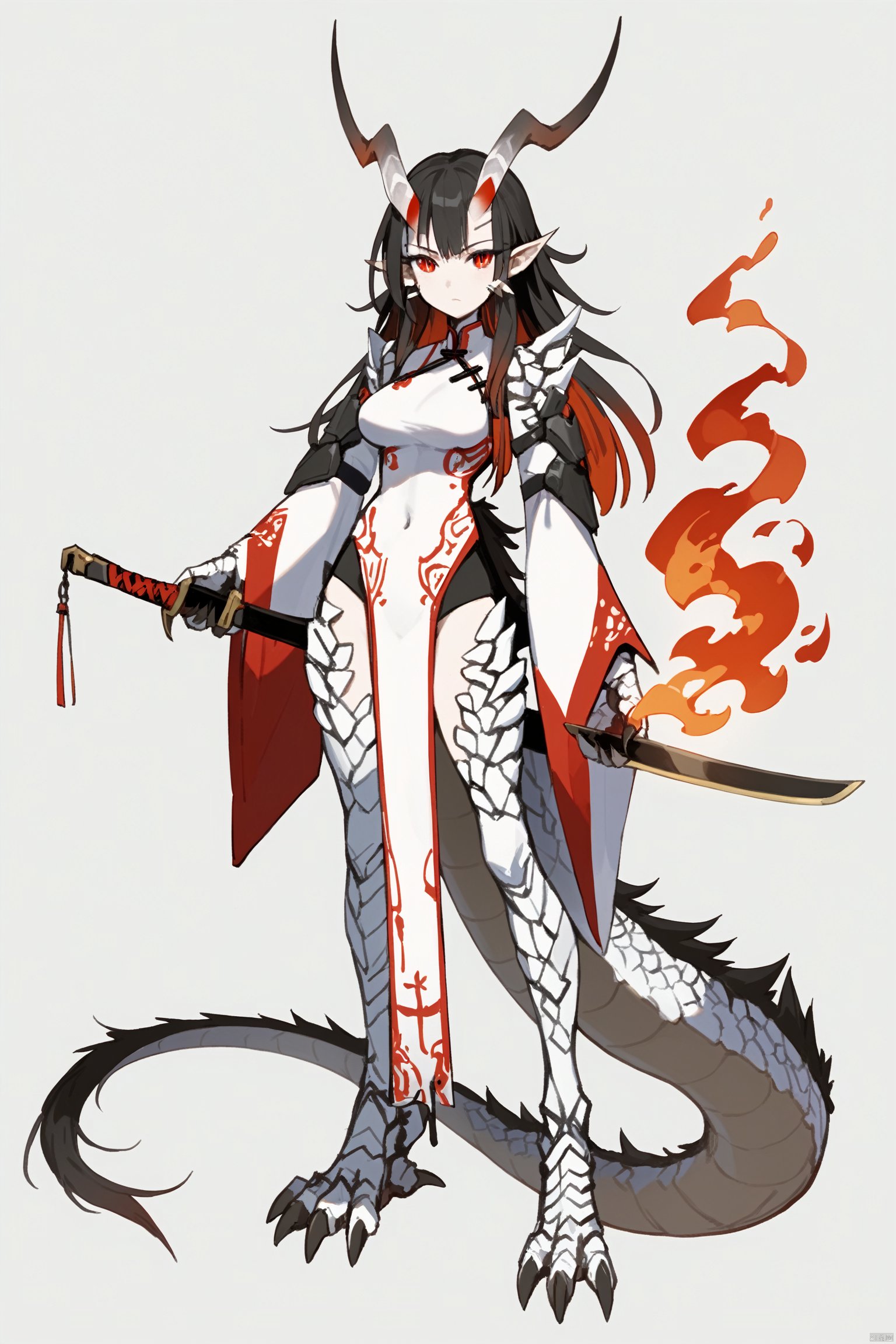  score_9, score_8_up, score_7_up, score_6_up,jijia, 2d, anime, 1girl, solo, weapon, sword, horns, tail, red eyes, holding, black hair, holding sword, holding weapon, dragon girl, claws, full body, dragon tail, dragon horns, fire, grey background, long hair, simple background, scales, looking at viewer, slit pupils, breasts, standing, closed mouth, wide sleeves, dress, long sleeves, colored skin, covered navel, medium breasts, multicolored hair, monster girl, bangs, pointy ears, sidelocks, pelvic curtain, katana, chinese clothes,a drawing of a woman holding a sword,a person with wings and a knife on their arm