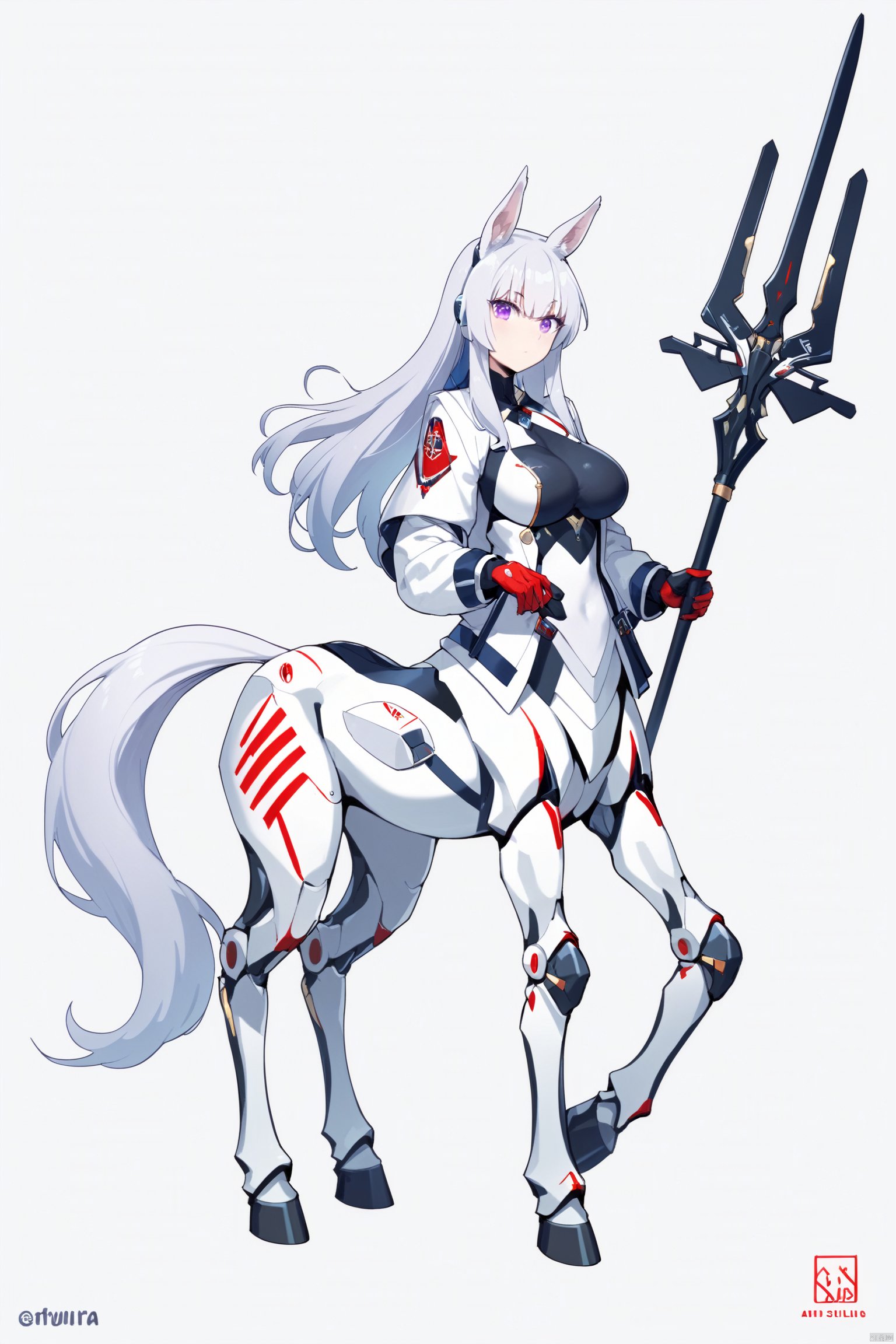 score_9, score_8_up, score_7_up, score_6_up,jijia, 2d, anime, taur, 1girl, weapon, monster girl, solo, breasts, long hair, centaur, polearm, holding, holding polearm, full body, horse ears, looking at viewer, holding weapon, animal ears, sidelocks, bodysuit, large breasts, white hair, bangs, standing, multiple legs, white jacket, mecha musume, jacket, closed mouth, sheath, grey background, lance, armor, spear, mechanical legs, horse tail, tail, sheathed, grey hair, purple eyes, centauroid,