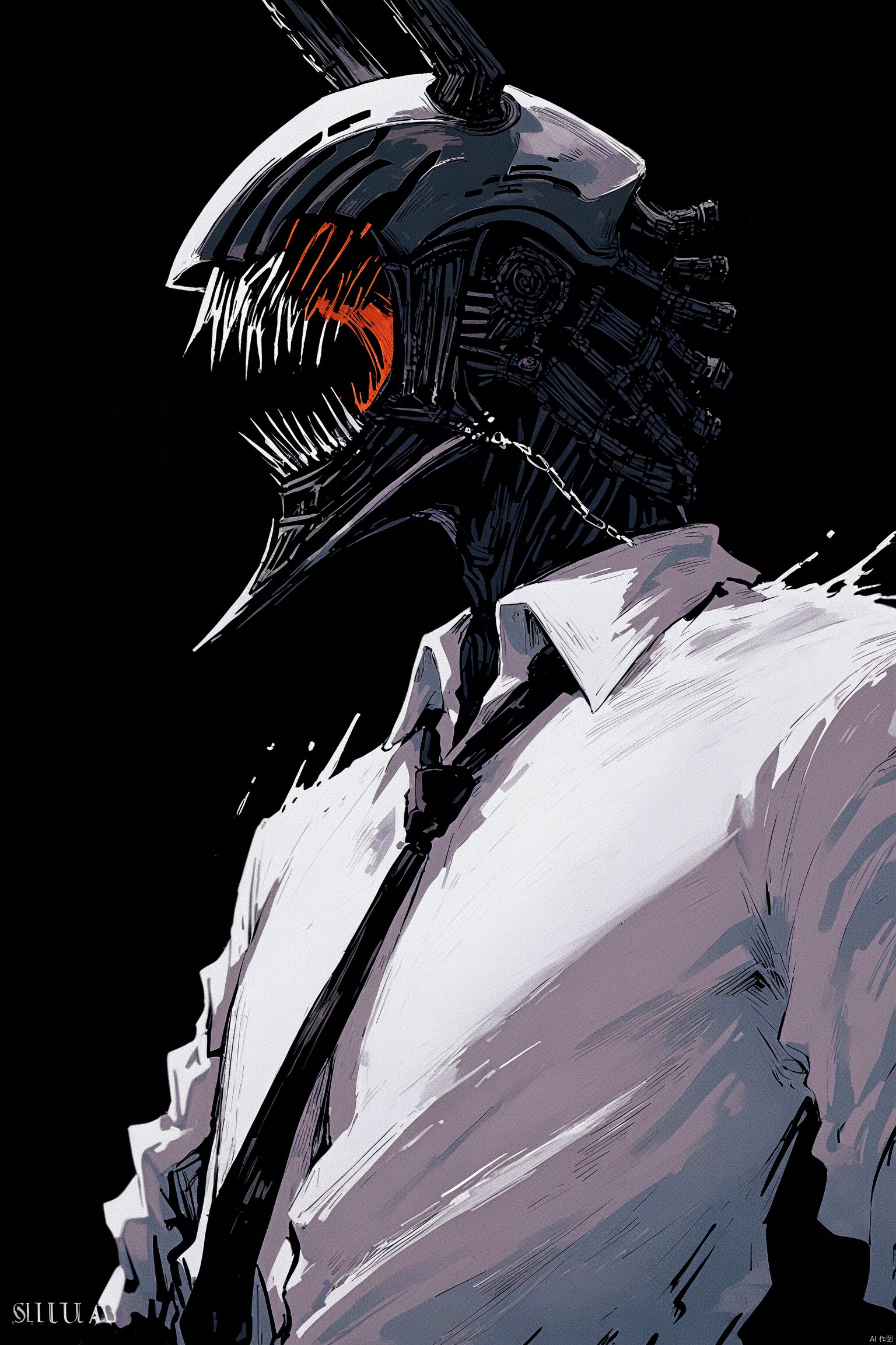  score_9, score_8_up, score_7_up, score_6_up,jijia, 2d, anime, shirt, black necktie, necktie, 1boy, white shirt, collared shirt, sharp teeth, denji (chainsaw man), solo, male focus, teeth, simple background, chain, chainsaw, black background, upper body,a picture of a man wearing a shirt and tie,an artwork of a man dressed in a white shirt and a black tie and wearing a reptilian head