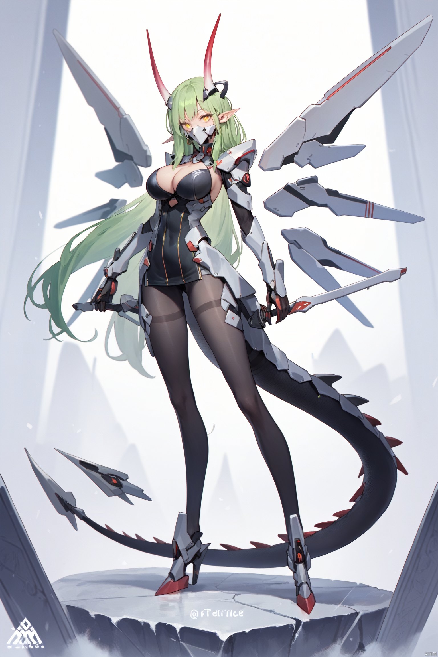 score_9, score_8_up, score_7_up, score_6_up,jijia, 2d, anime, 1girl, green hair, solo, pointy ears, breasts, long hair, mechanical tail, tail, mecha musume, yellow eyes, full body, horns, bodysuit, standing, large breasts, very long hair, wings, pantyhose, mask, mechanical wings, looking at viewer, cleavage, signature, headgear,a picture of a woman in a suit holding a sword,the anime character stands in front of an ice sculpture of a dragon