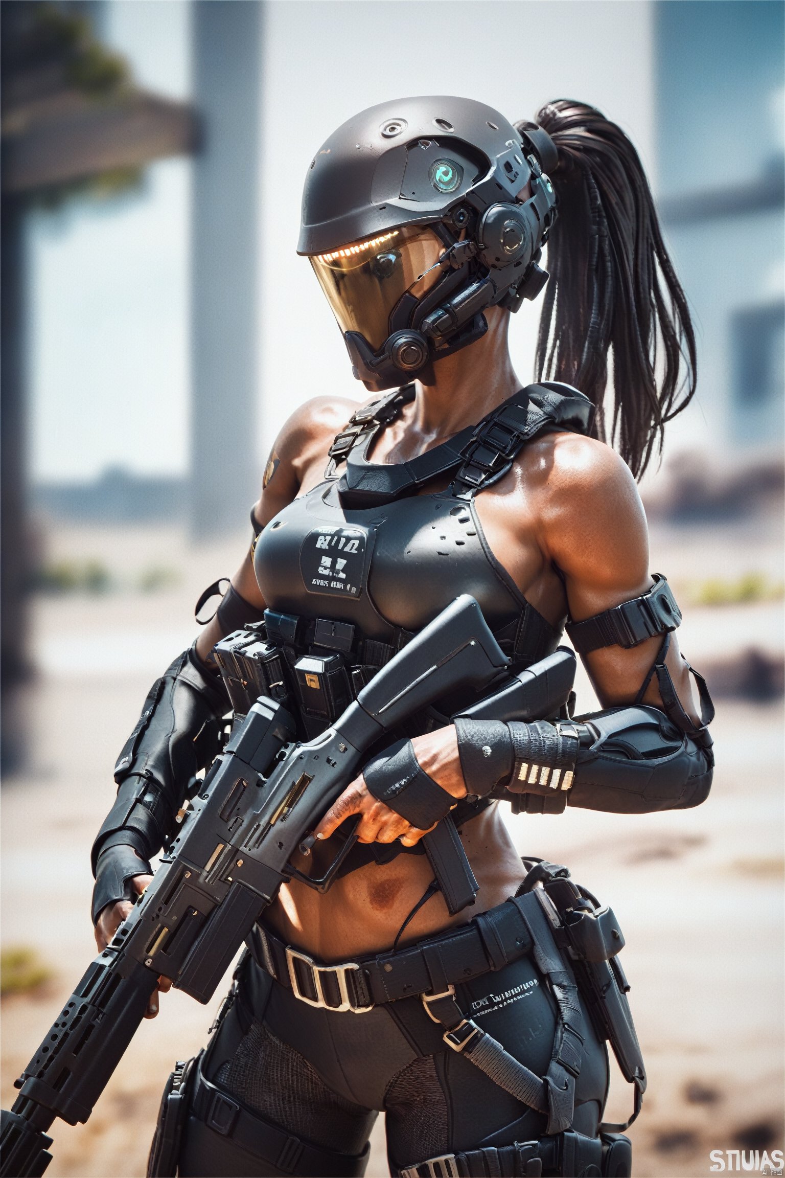 score_9, score_8_up, score_7_up, score_6_up,jijia, 3d, CG, weapon, 1girl, gun, solo, ponytail, rifle, holding weapon, assault rifle, holding, blurry background, armor, dark skin, holding gun, black hair, blurry, dark-skinned female, science fiction, realistic,a woman holding a gun and wearing a helmet,the female alien is holding a gun