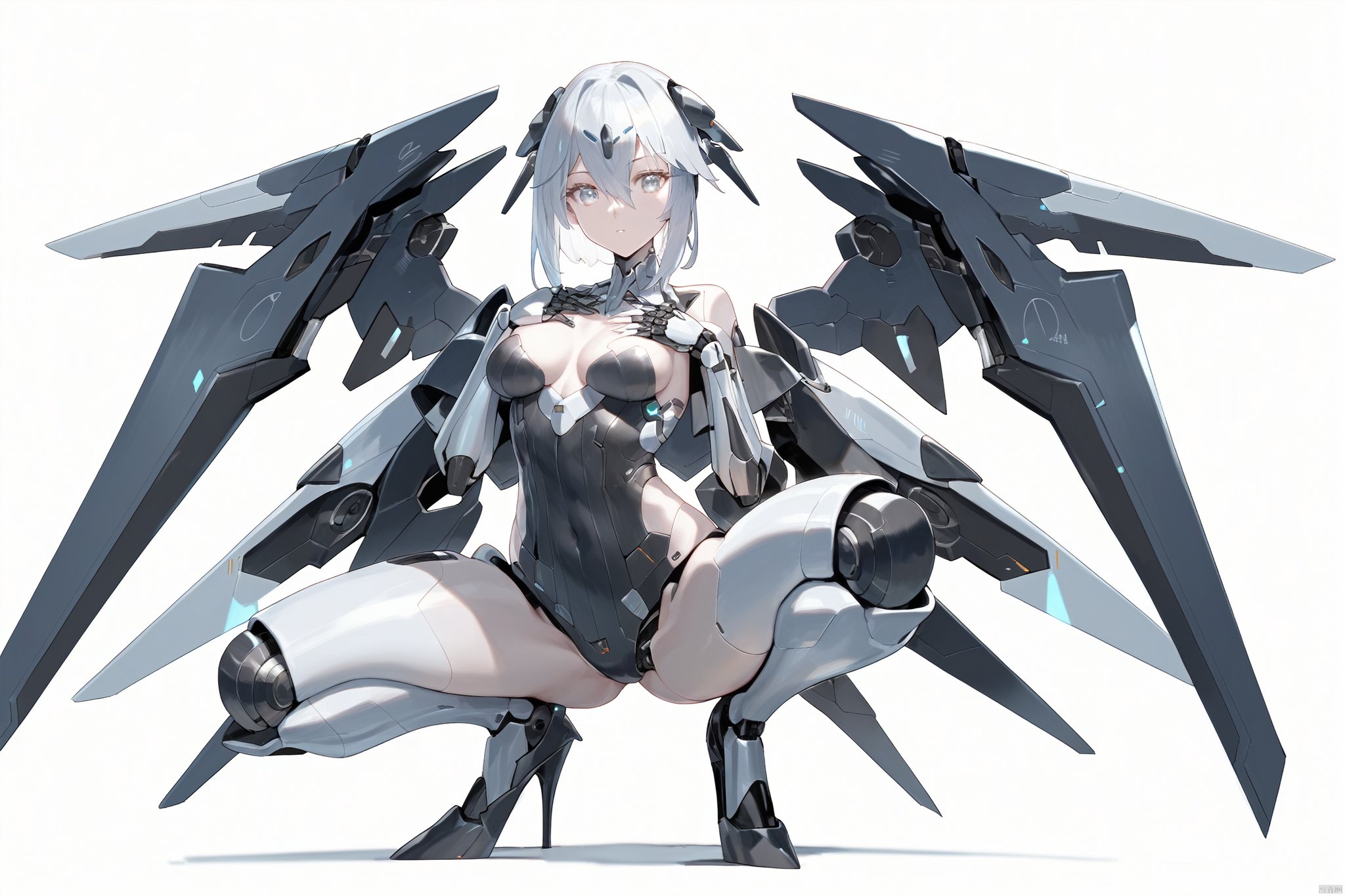  score_9, score_8_up, score_7_up, score_6_up,jijia, 2d, anime, 1girl, solo, grey eyes, squatting, breasts, looking at viewer, mecha musume, hand on own chest, android, medium breasts, mechanical wings, white eyes, wings, white background, high heels, simple background, grey hair, joints, robot joints, hair between eyes, white hair,a picture of a woman in armor with a sword,a female robot in silver lingerie with a gun on her side