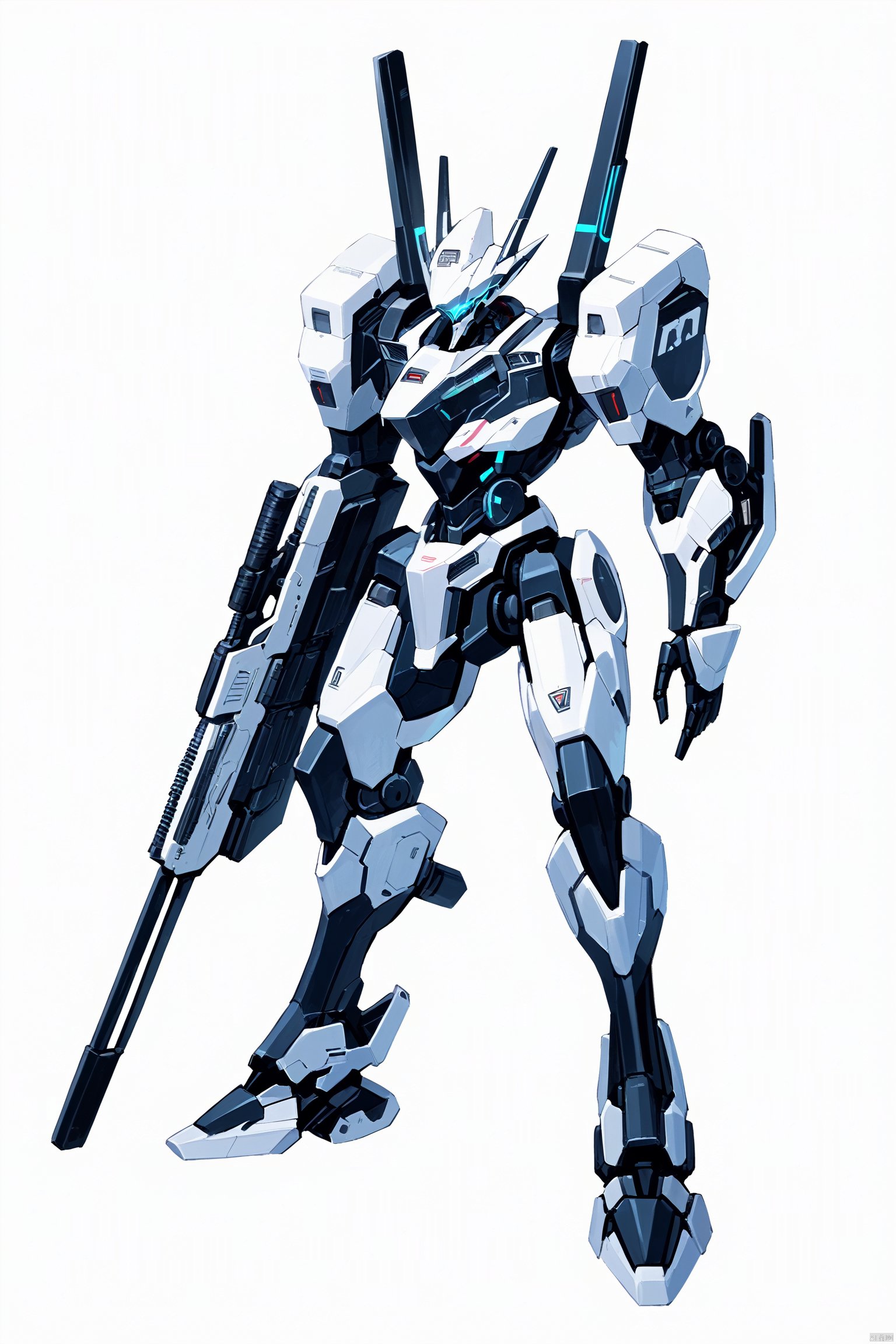  score_9, score_8_up, score_7_up, score_6_up,jijia, 2d, anime, robot, no humans, mecha, weapon, gun, white background, holding, solo, holding gun, holding weapon, science fiction, glowing, simple background,a white and black robot holding a gun,a cyberpunk style robot stands against a white wall