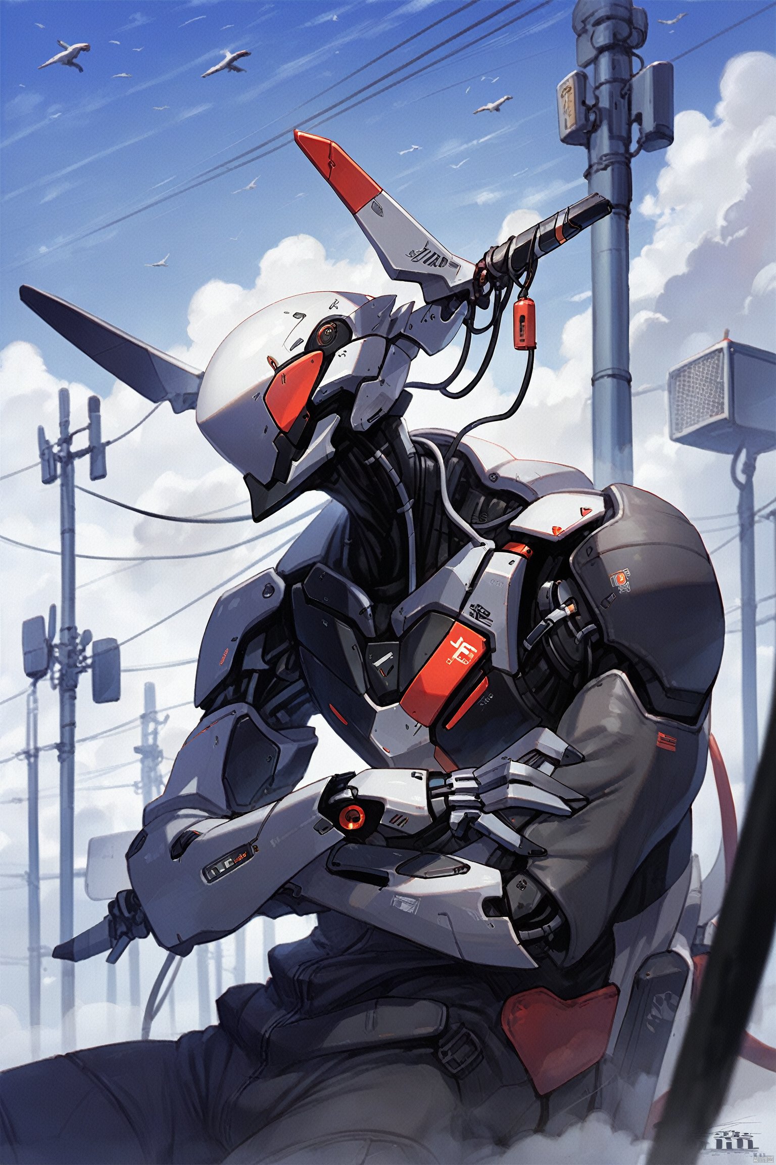  score_9, score_8_up, score_7_up, score_6_up,jijia, 2d, anime, cable, robot, wire, bird, humanoid robot, science fiction, cloud, no humans, sky, solo, outdoors, power lines, horns, utility pole, standing, signature, mecha, radio antenna,a painting of a futuristic robot sitting on a chair,a close up of a sci-fi robot