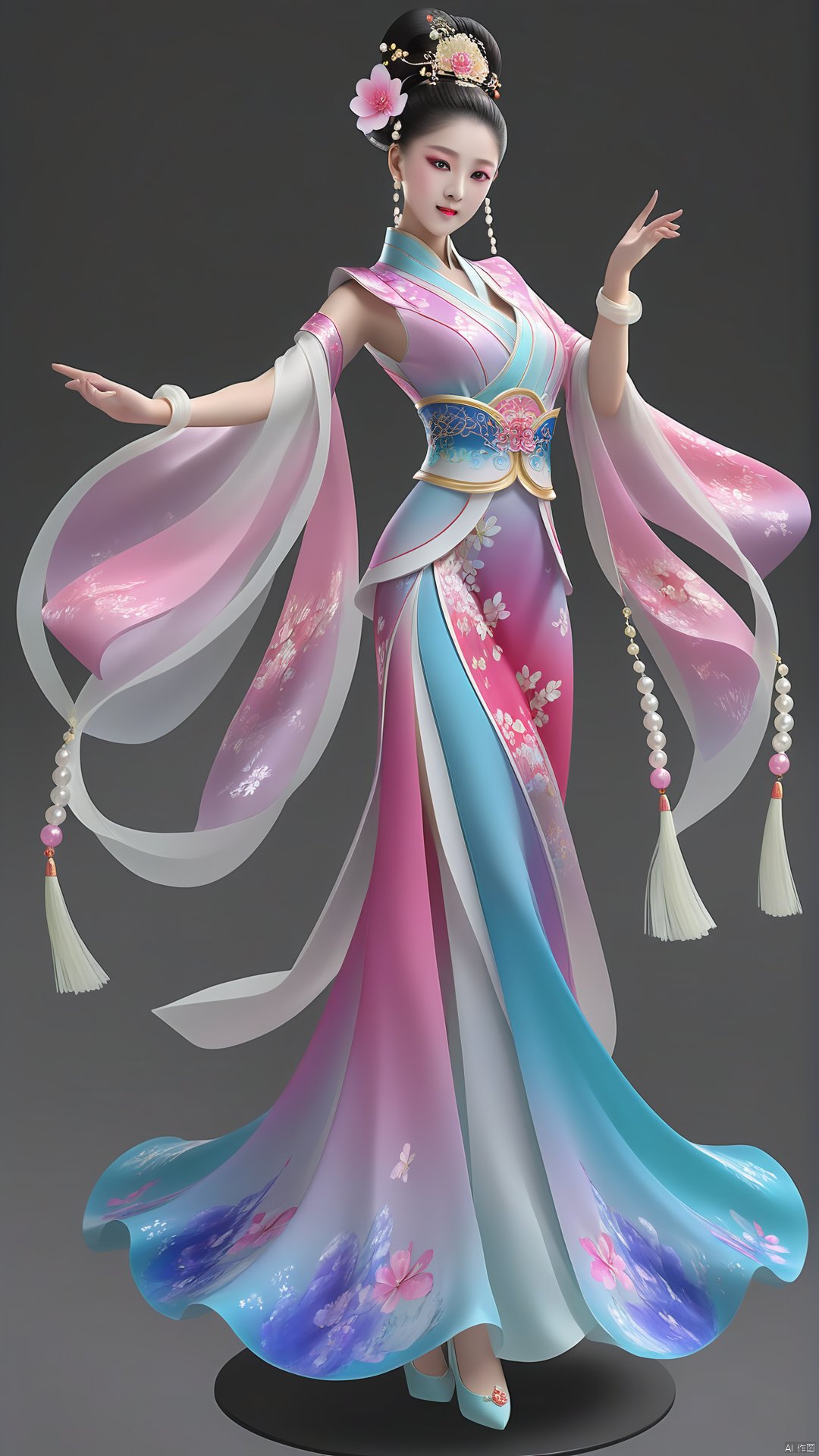 The female character wears a gorgeous Chinese dance skirt with an elegant and light hem, dancing like a colorful butterfly. The colors of the dance skirts are brilliant and colorful, and every detail reveals careful design and craftsmanship. On her head is a gold embroidered bun, dotted with gems and pearls, shining with charming light. Her long hair cascaded down her shoulders, as smooth as a black waterfall. The eye makeup is light, exuding an enchanting aura. Holding an exquisite dance fan in his hand, the fan is painted with graceful dancing figures.