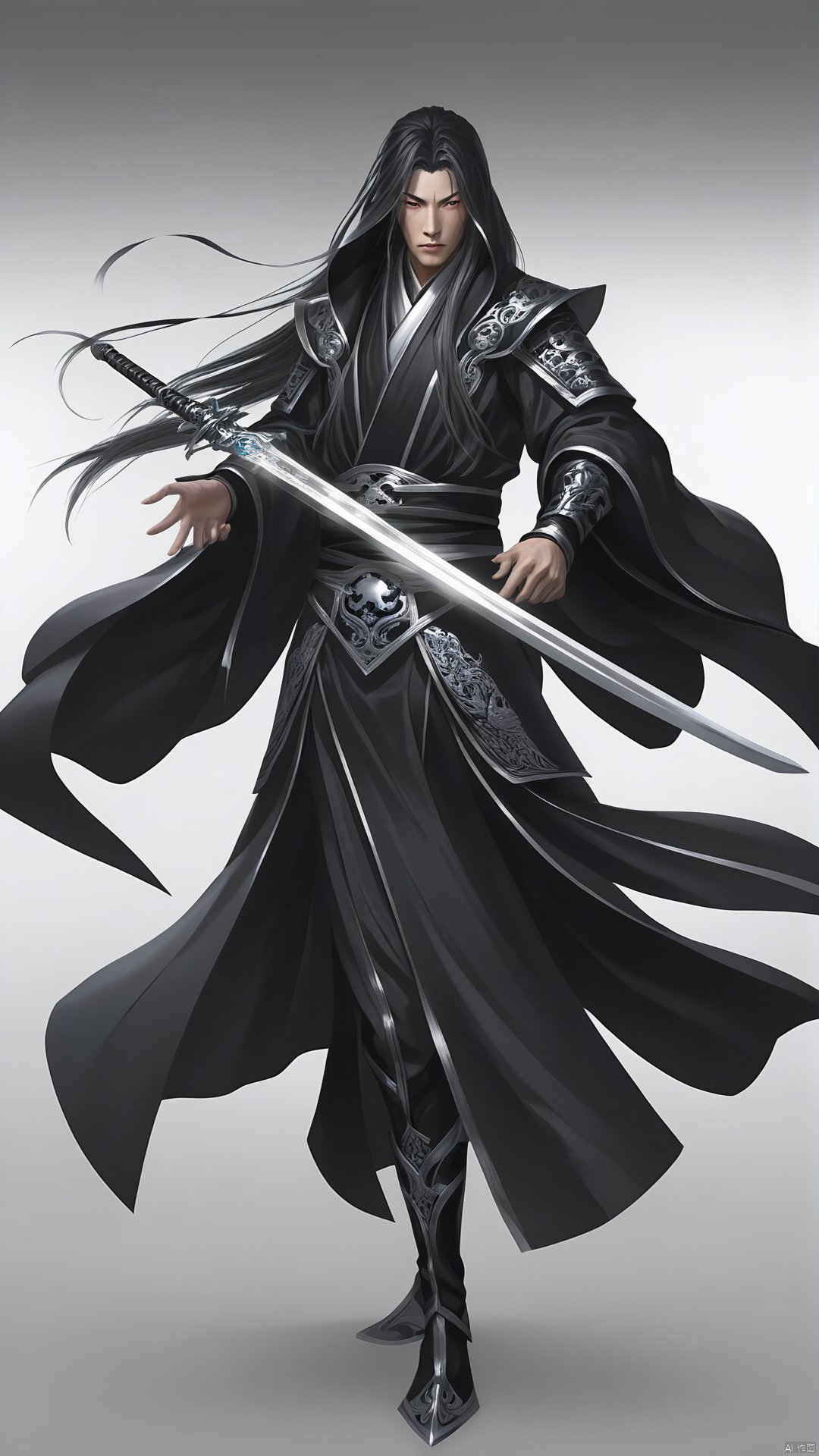 The male character, dressed in an illusory black swordsman costume, seems to be illusory with the wind. The robe is inlaid with silver wire, flashing a faint light, giving people a mysterious and elusive feeling. He wore a black veil that hid most of his face, revealing only a pair of faint eyes. His face was cold and indifferent, exuding a cold and frightening atmosphere. Her long hair hung down, flowing like a ghost in the night. He held a dark sword in his hand, and the body of the sword radiated a faint light, as if it could pass through the Yin and Yang