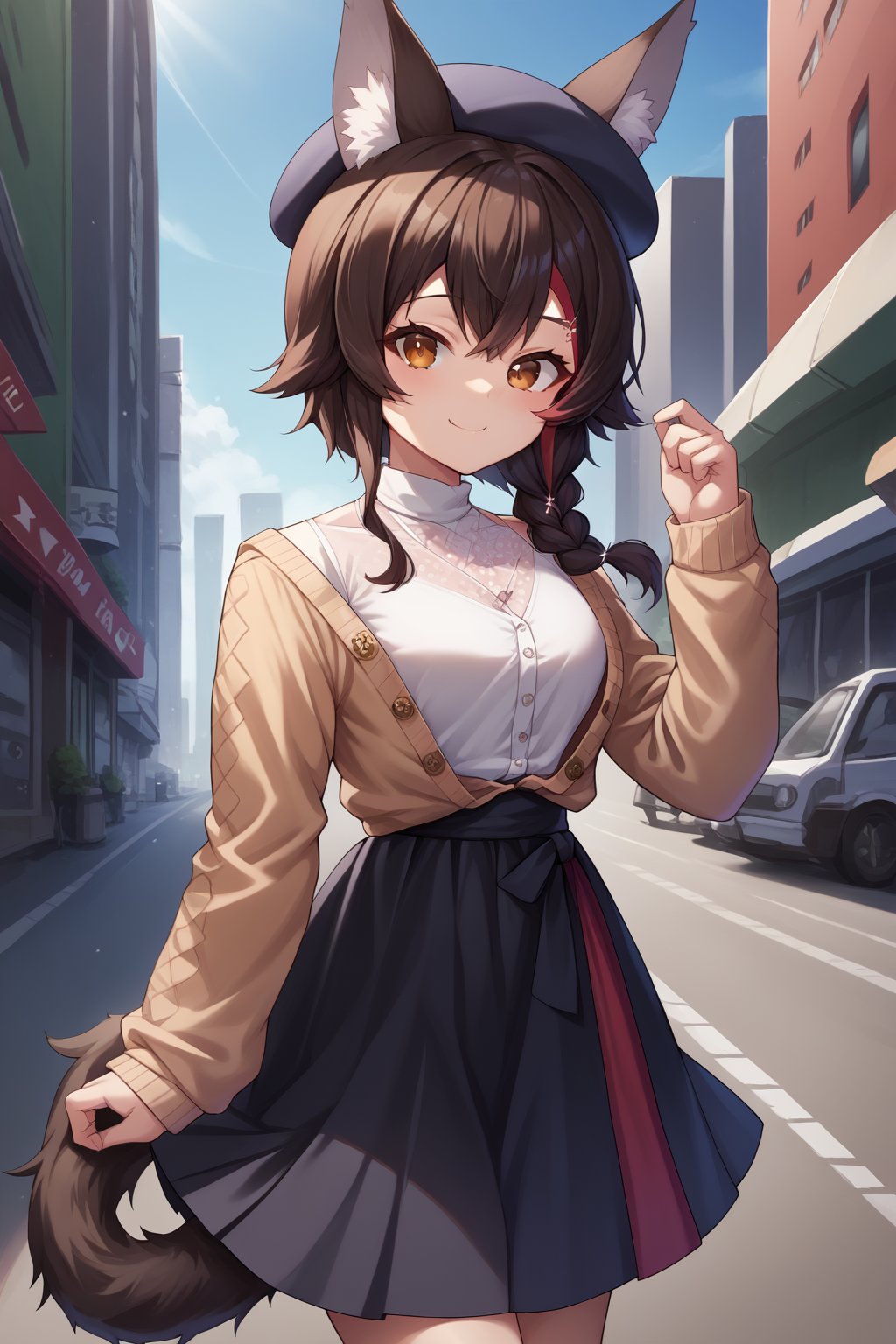 score_9, score_6_up, source_anime, 1girl, solo, outdoors, city, mio_street, side braid, brown cardigan, open cardigan, white shirt, high-waist skirt, beret, tail wrap, tail around leg, light smile 