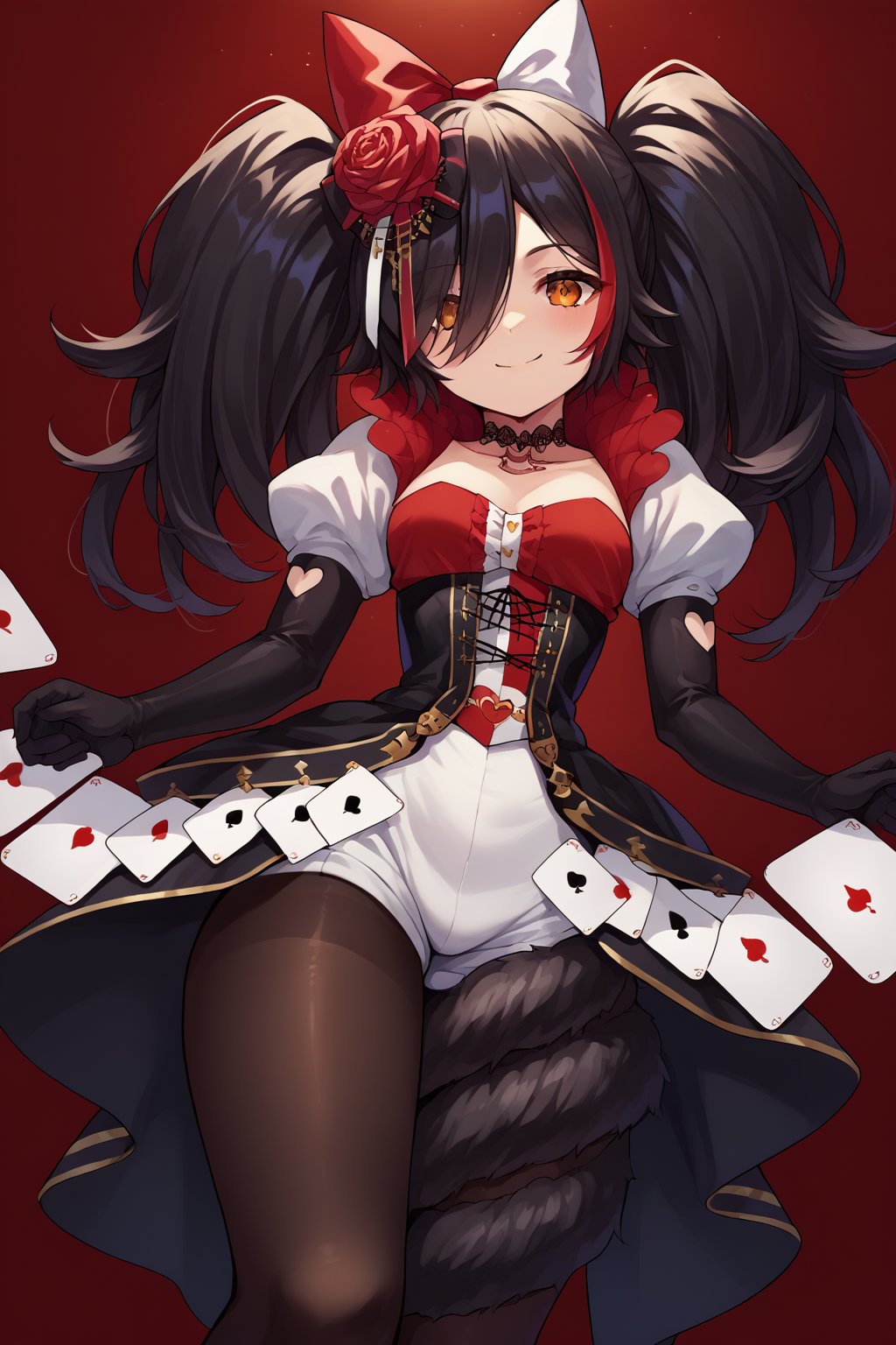 score_9, score_6_up, source_anime, 1girl, solo, mio_wonderland, hair over one eye, twintails, white dress, playing card, black skirt, elbow gloves, corset, short puffy sleeves, black pantyhose, hair flower, hair bow, tail wrap, tail around leg, light smile, red lights 