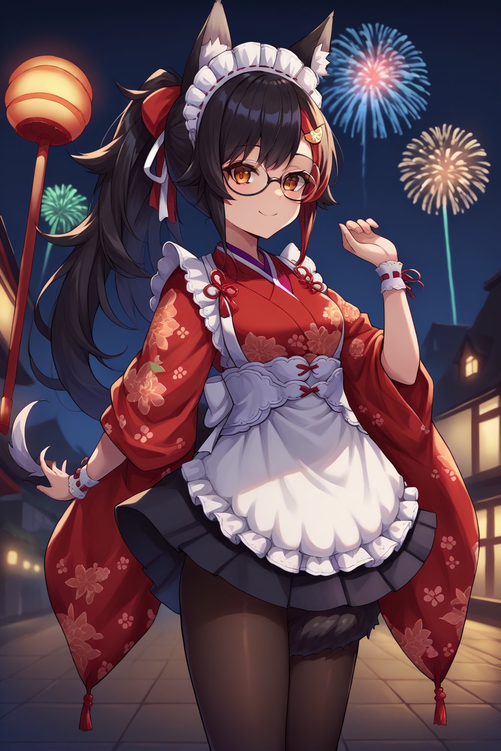 score_9, score_6_up, source_anime, 1girl, solo, town, night, fireworks, mio_newyears, ponytail, hair ornament, red kimono, flower print, white apron, frills, glasses, wrist cuffs, maid headdress, black pantyhose, tail wrap, tail around leg, light smile 