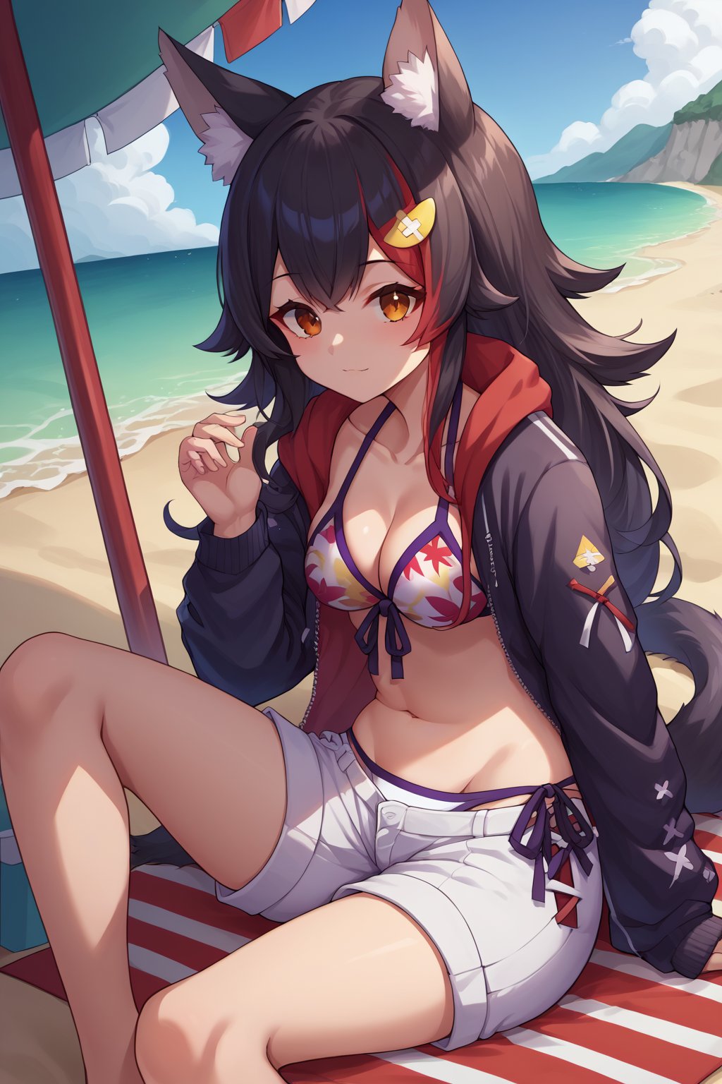 score_9, score_6_up, source_anime, 1girl, solo, beach, island, sitting, mio_summer, very long hair, hair ornament, bikini, front-tie top, white shorts, black jacket, open jacket, tail wrap, tail around leg 