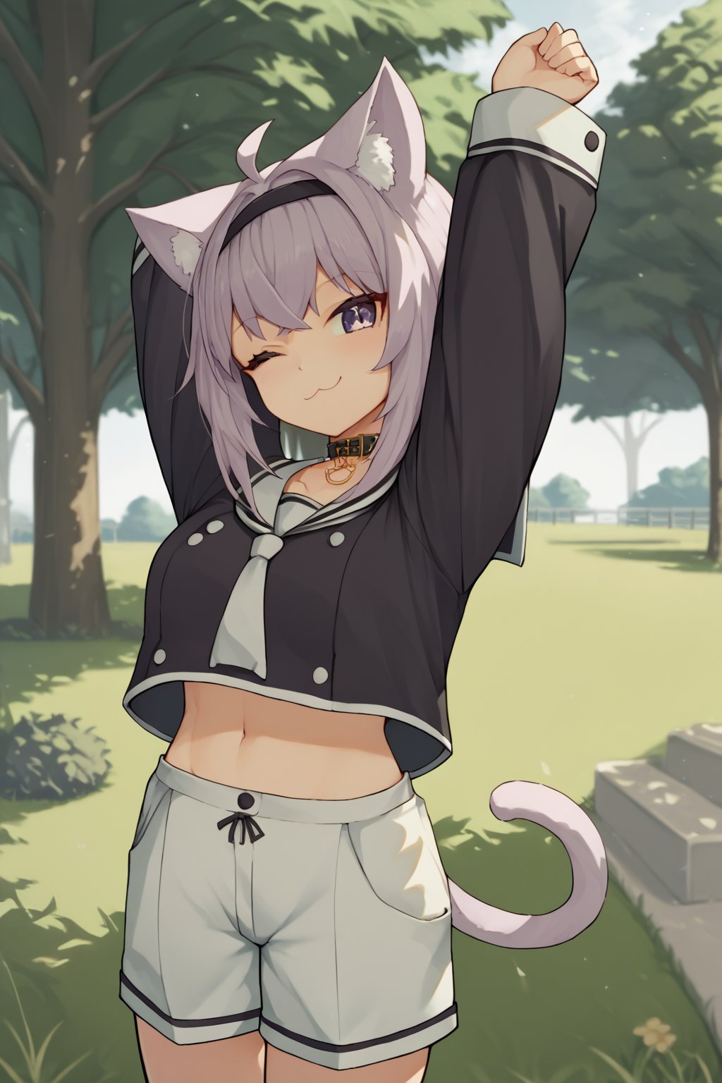 score_9, score_6_up, source_anime, 1girl, solo, outdoors, park, grass, tree, okayu_school, black shirt, serafuku, long sleeves midriff, white shorts, black hairband, animal collar, cat tail, ahoge, smile, stretching, one eye closed ,score_9_up