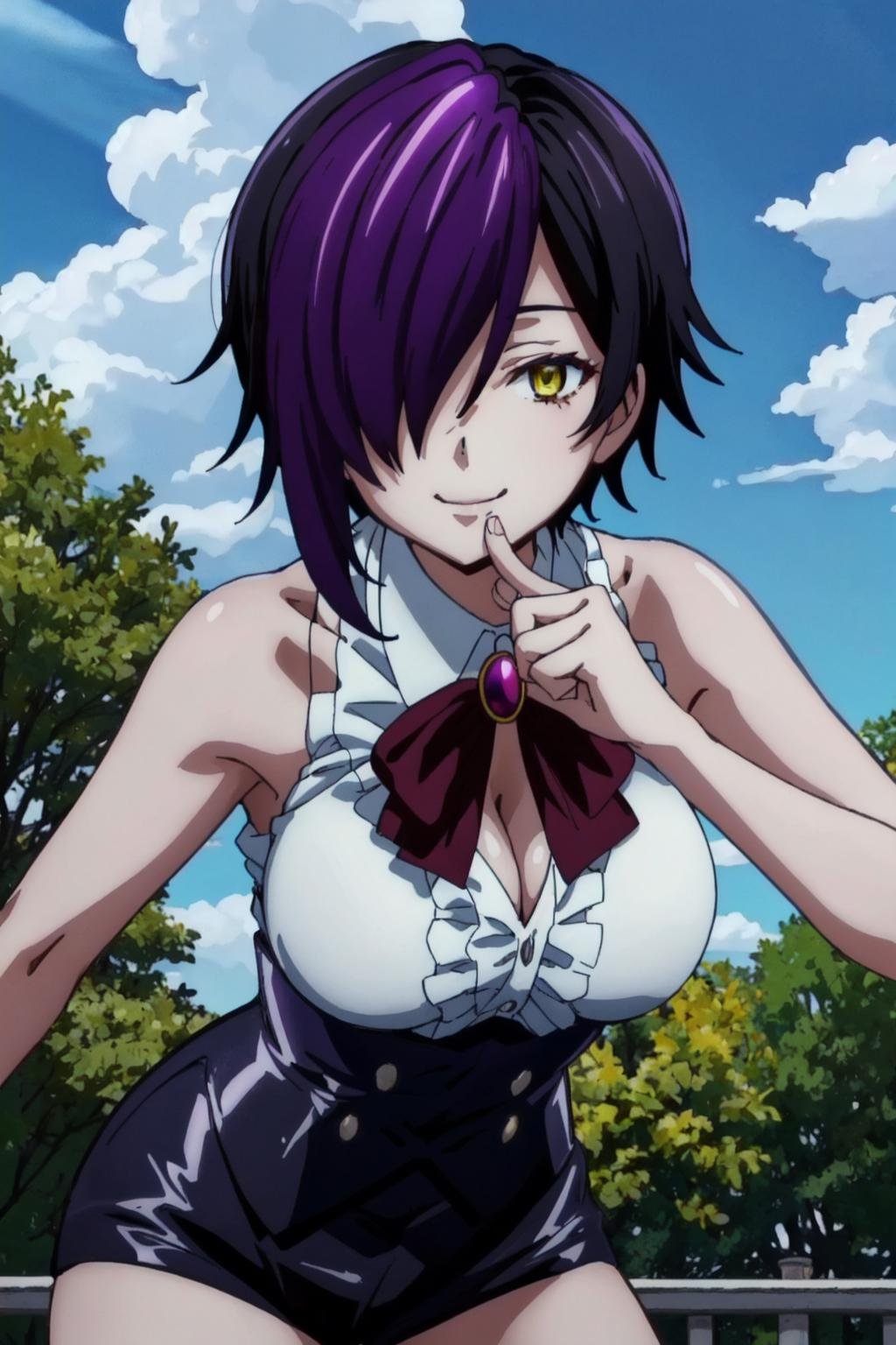 nihilo, 1girl, solo, hair over one eye, yellow eyes, short hair, black hair, white collared shirt,(cleavage,unbuttoned) , purple hair,(finger to mouth, leaning forward:1.2,finger to own chin), looking at viewer, bare shoulders, sleeveless, wine bowtie, black short shorts,, closed mouth,smile,red eyelashes, center frills, streaked hair, outdoors, day, medium breasts, red brooch, cowboy shot, underbust,black corset, naughty face, silver buttons, grey buttons,bent over,tree, sky,cloud, blue sky, cloudy sky , (8k, best quality, masterpiece,anime screencap,official style)  <lora:nihilo_v1:1>