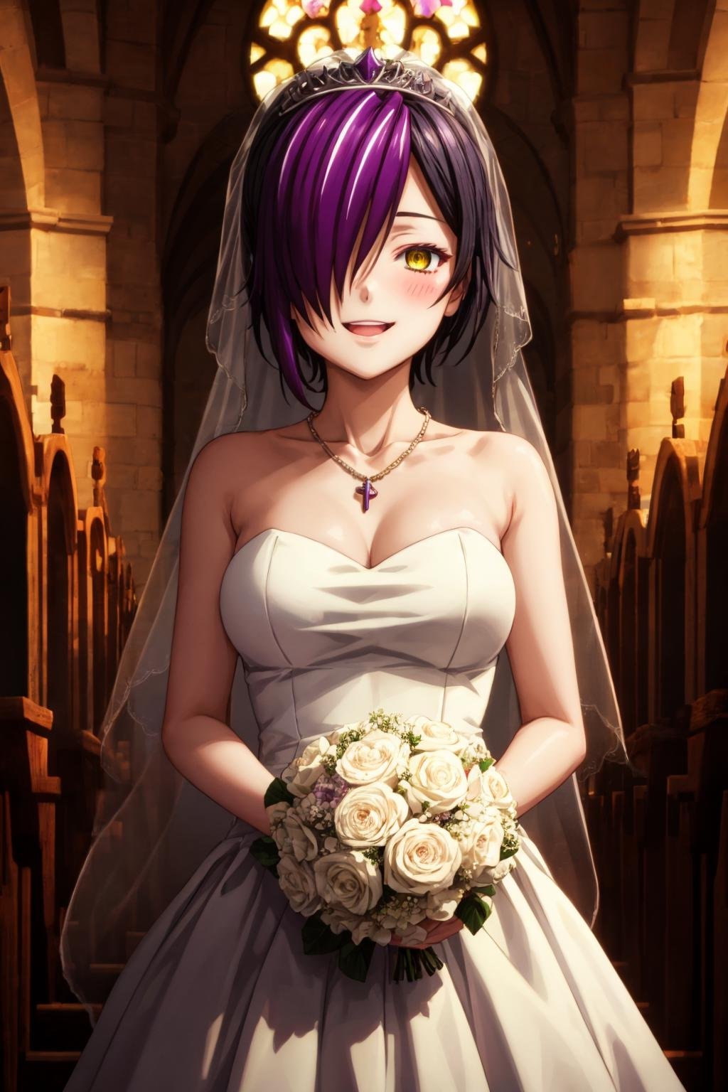 nihilo,cowboy shot, 1girl,solo,black hair, purple hair,yellow eyes,medium breasts,short hair,hair over one eye,wedding dress,veil,,smile, blush,happy,holding bouquet,own hands together,looking at viewer,indoors, church, white light, altar,crowd,tiara,strapless,necklace,(best quality, masterpiece) <lora:nihilo_v1:1>